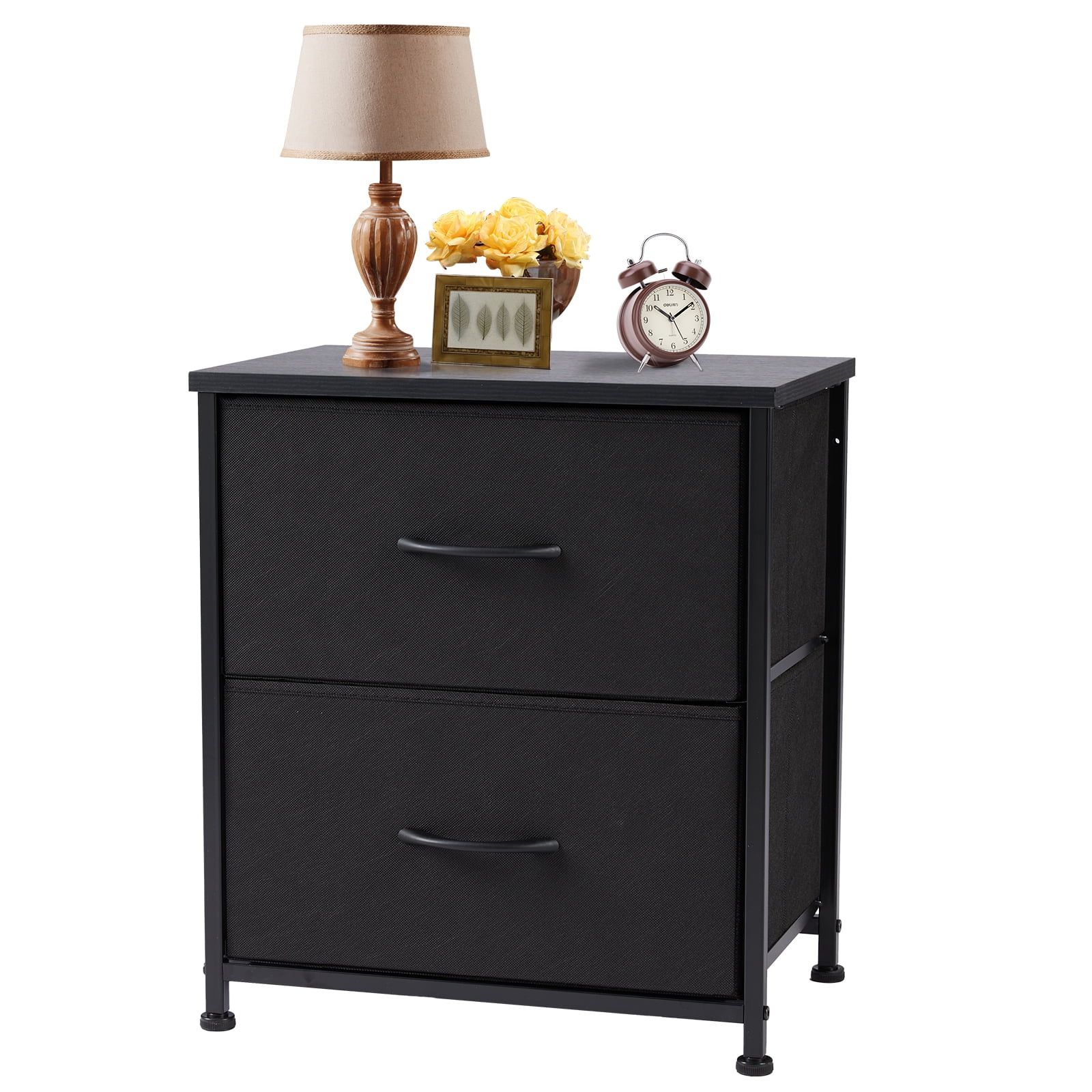 Black Steel Frame Nightstand with Fabric Drawers