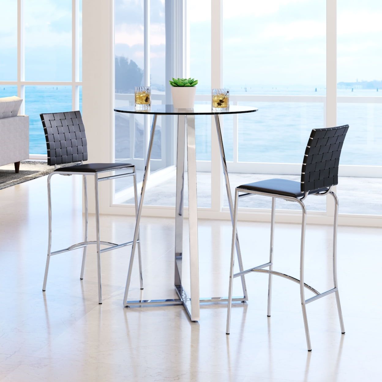 Modern Black Leatherette Criss Cross Bar Stool Set