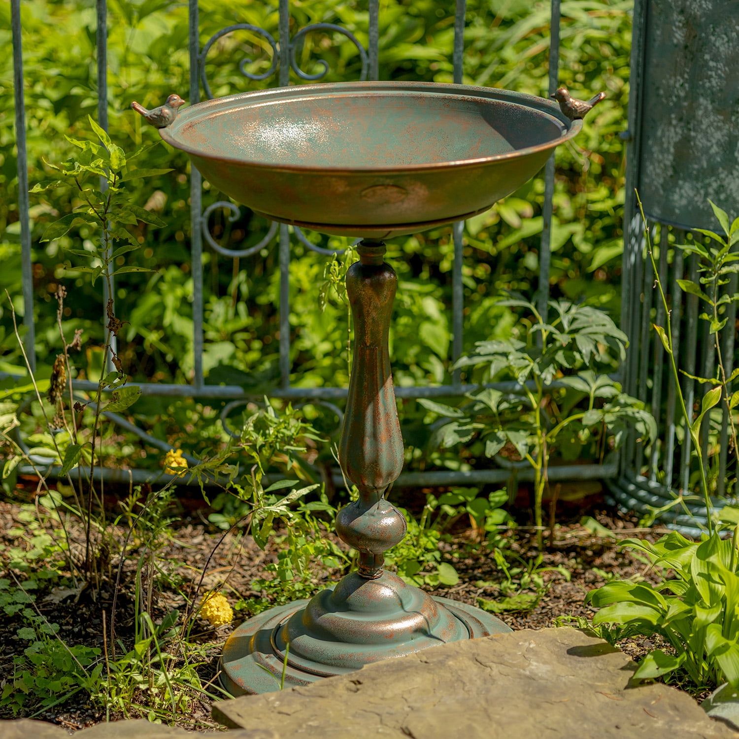 Bronze Ornate Pedestal Birdbath with Cast Iron Birds