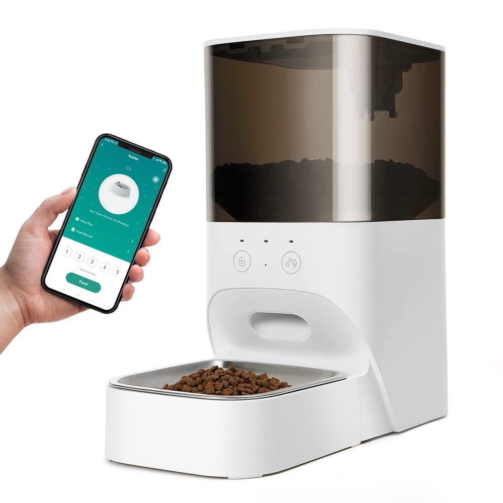 Smart White Automatic Cat Feeder with Stainless Steel Bowl