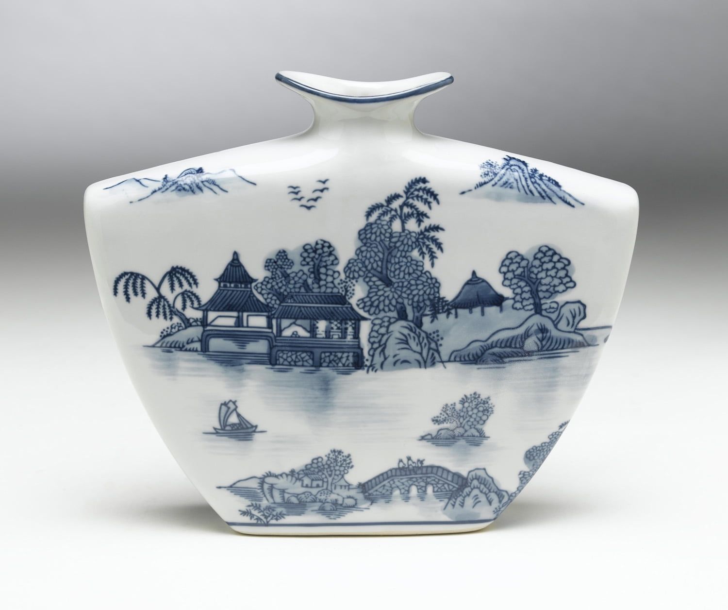 Elegant Blue Willow Design Porcelain Flat Vase