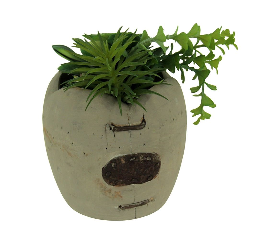 Rustic Apple Shaped Wood Planter with Artificial Succulents