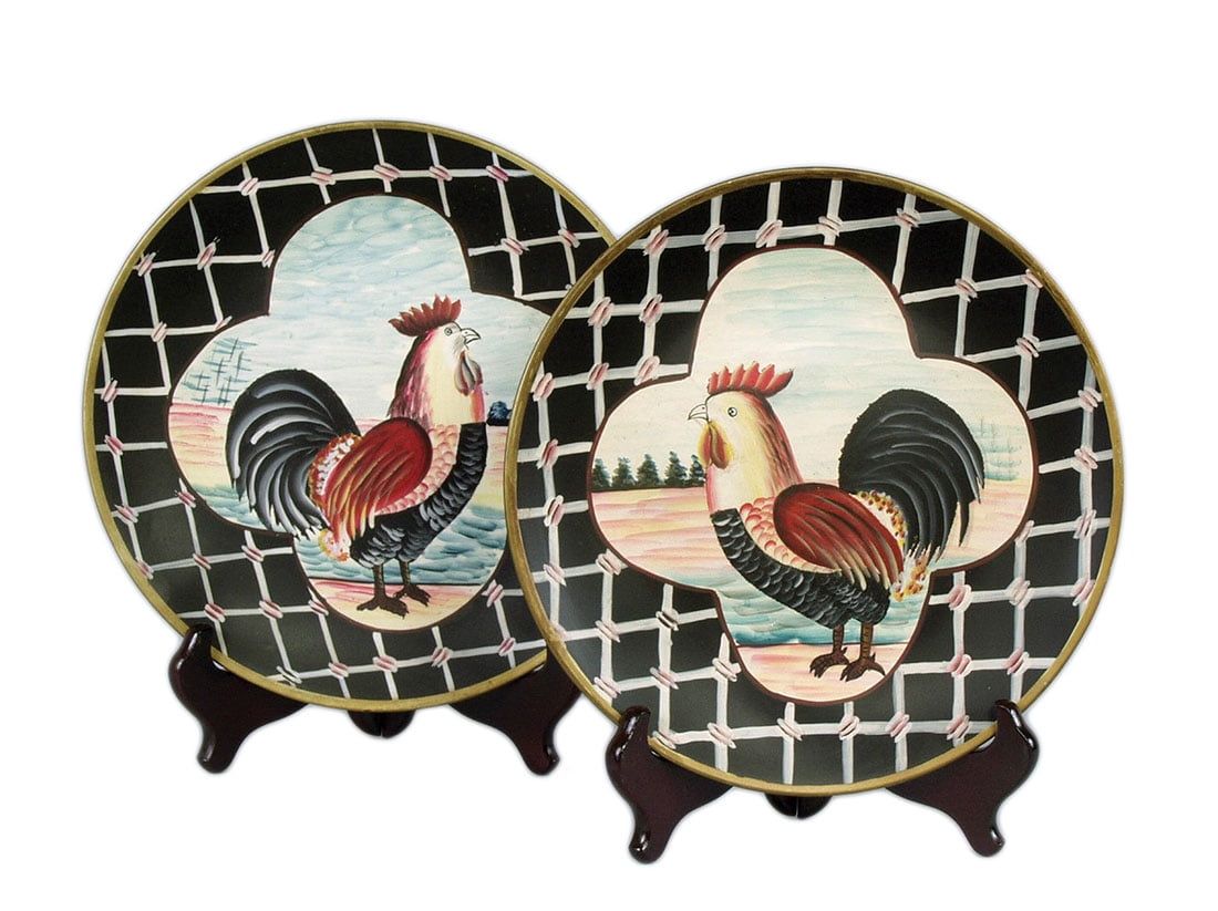 Set of 2 Hand-Painted Ceramic Rooster Decorative Plates