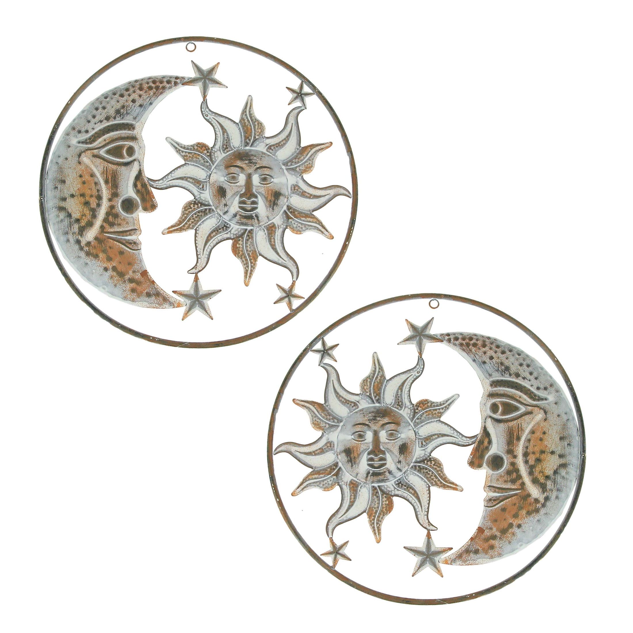 Distressed White and Rust Metal Sun Moon Stars Wall Art Set