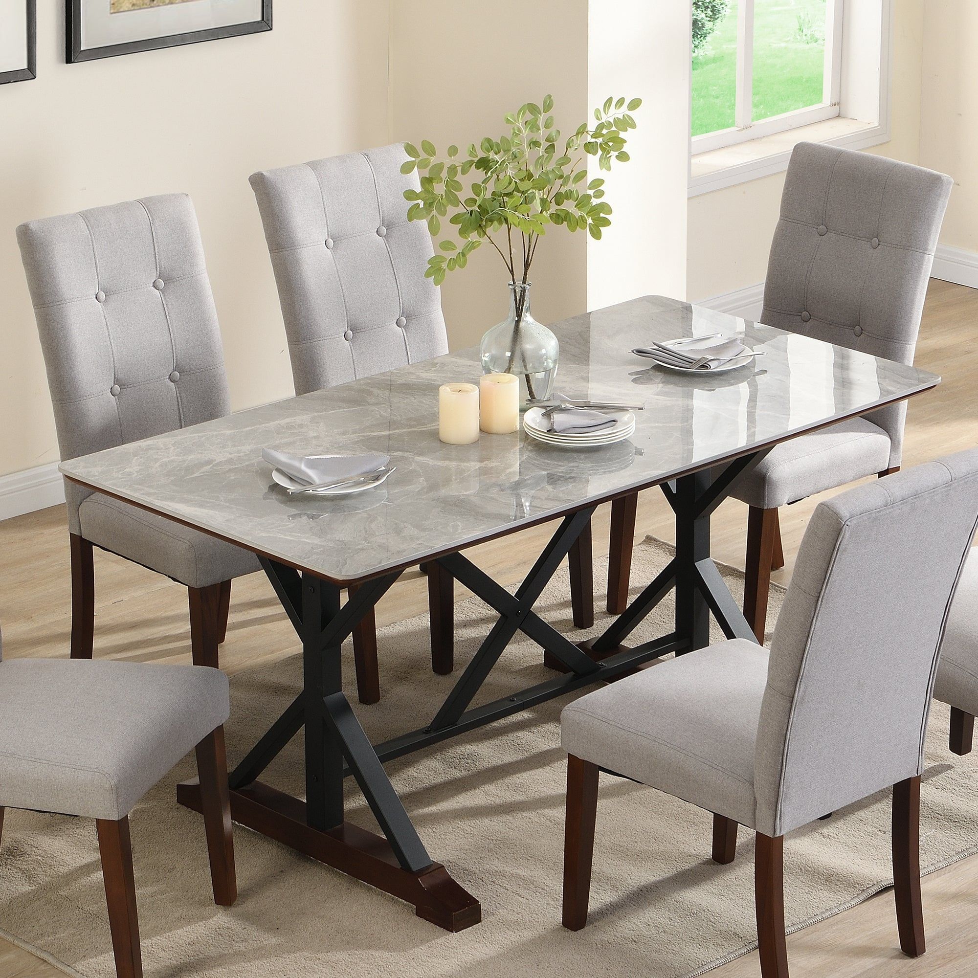 Gray Sintered Stone Dining Table with 6 Upholstered Chairs