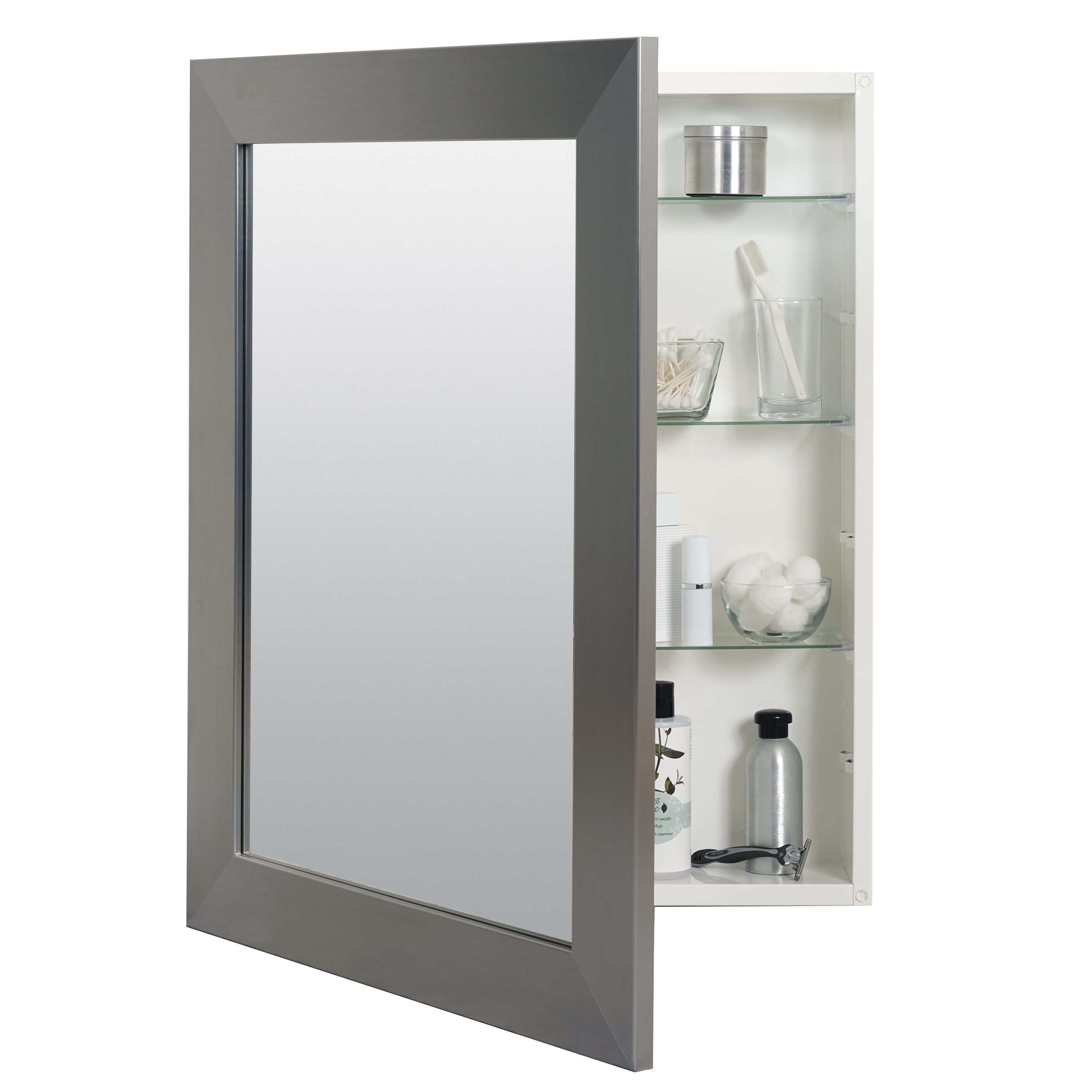 Brushed Nickel Framed Mirror Medicine Cabinet with Adjustable Shelves