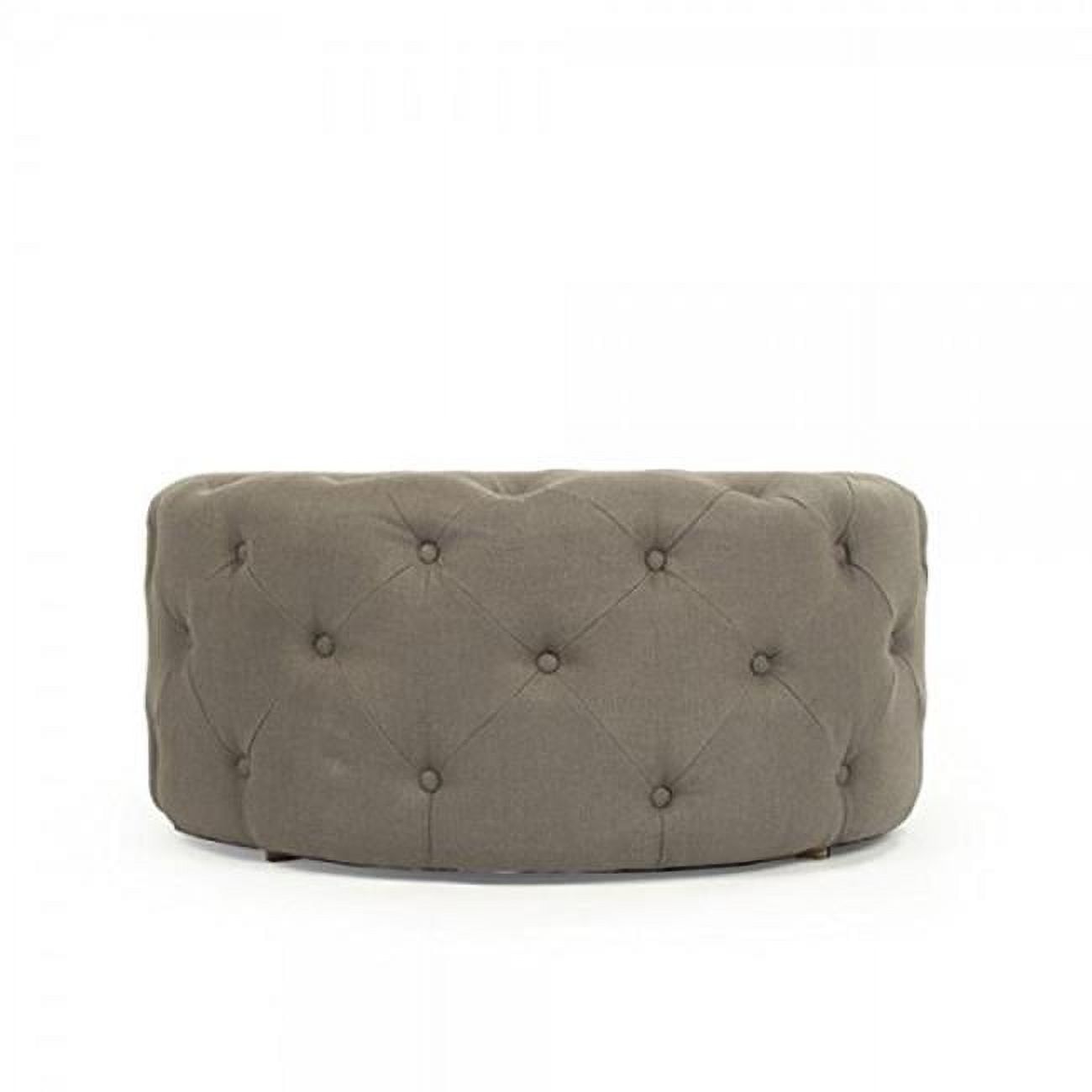 Luxurious Grey Linen 31" Round Tufted Oak Ottoman