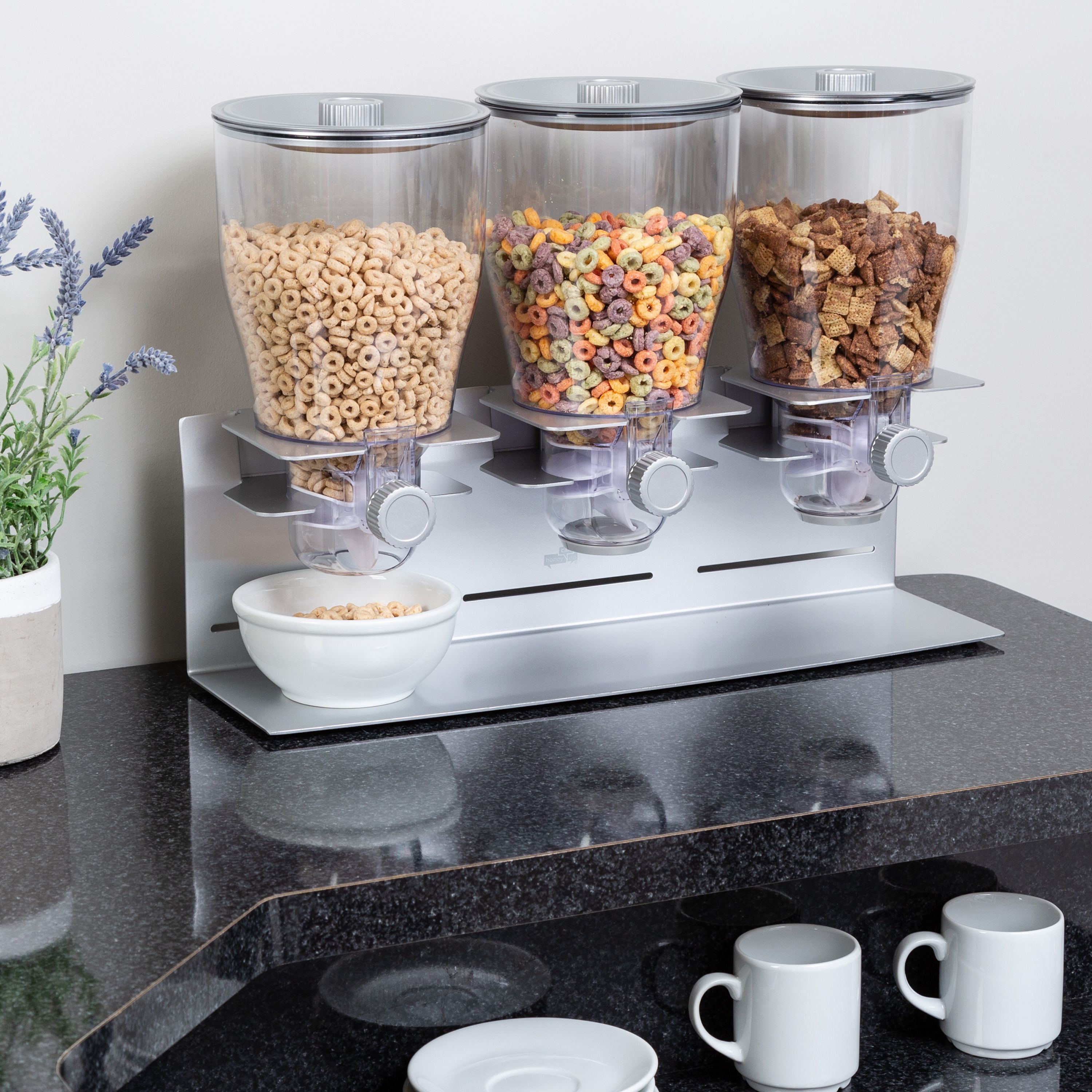 Triple Canister Stainless Steel and Clear Dry Food Dispenser