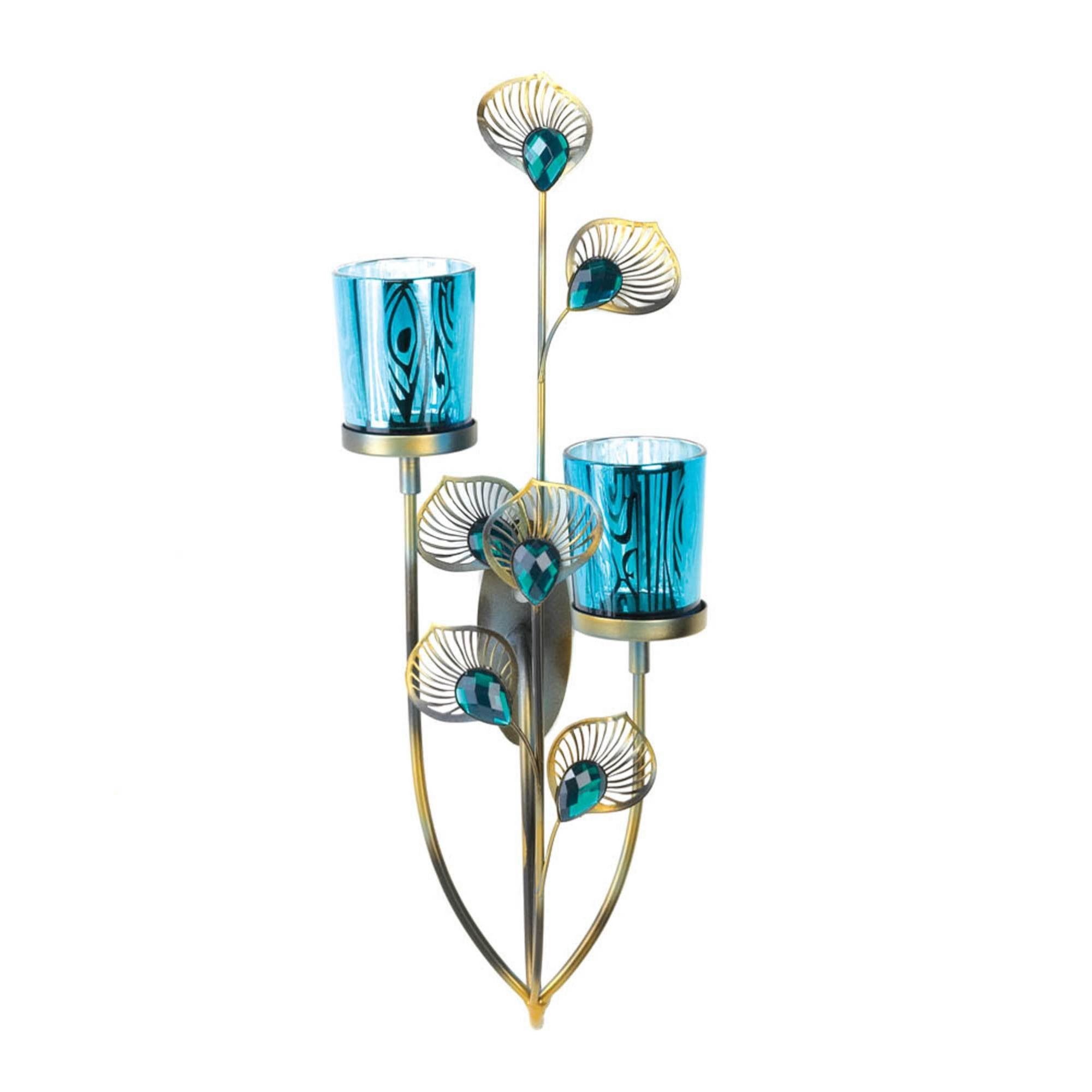 Peacock Blue and Gold Dual Candle Wall Sconce