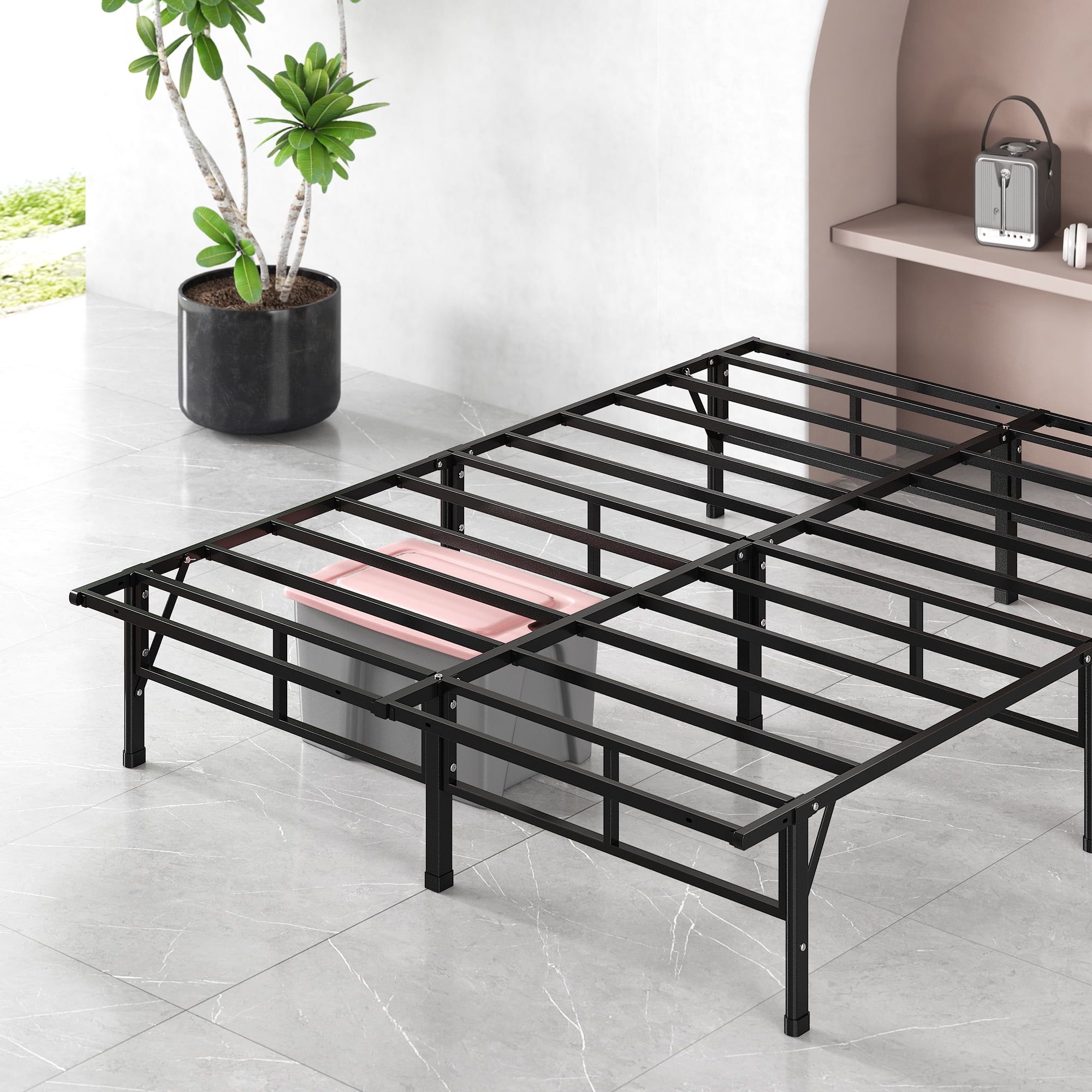 Full Size Black Metal Bed Frame with Slats and Headboard