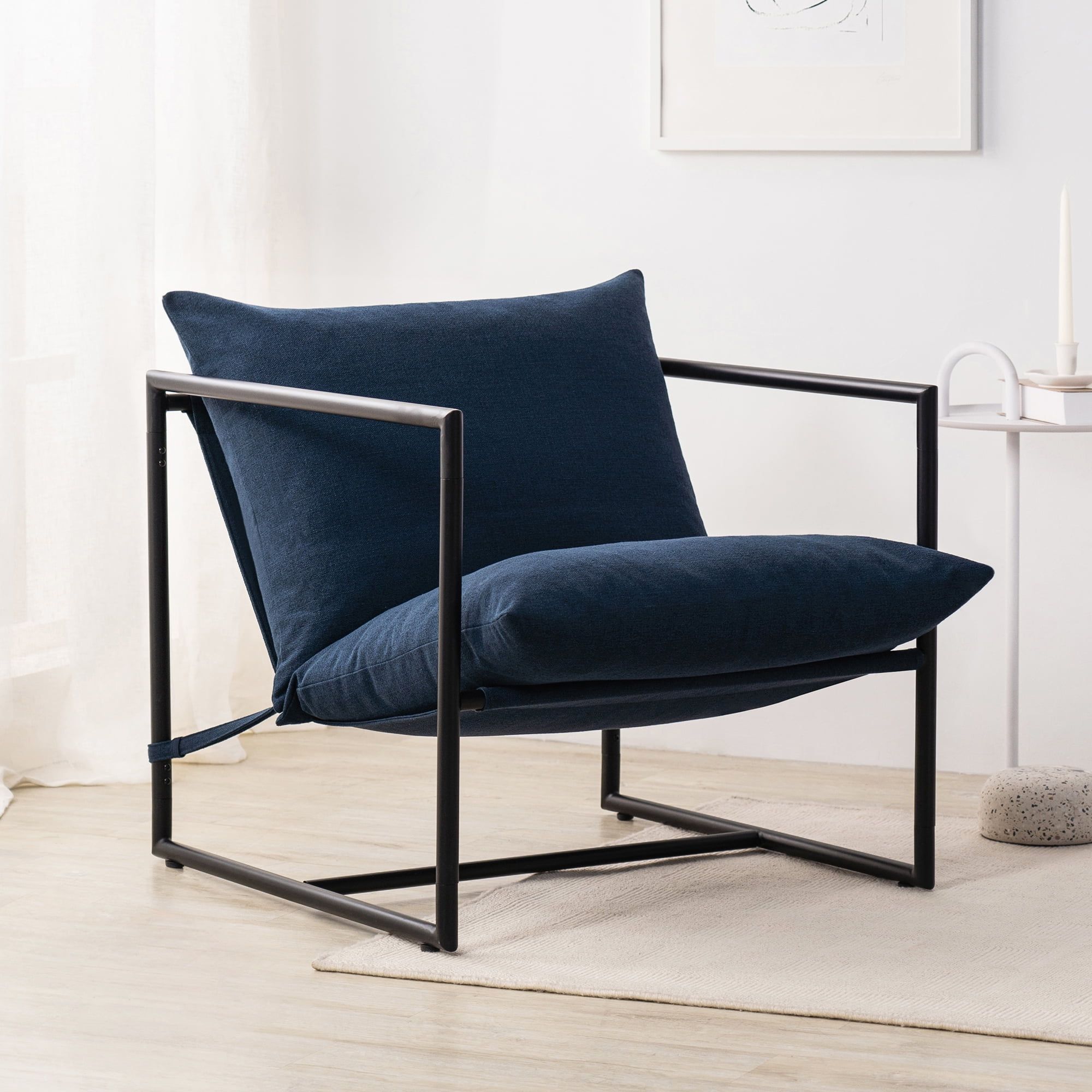 Navy Metal Framed Sling Accent Chair with Cushions