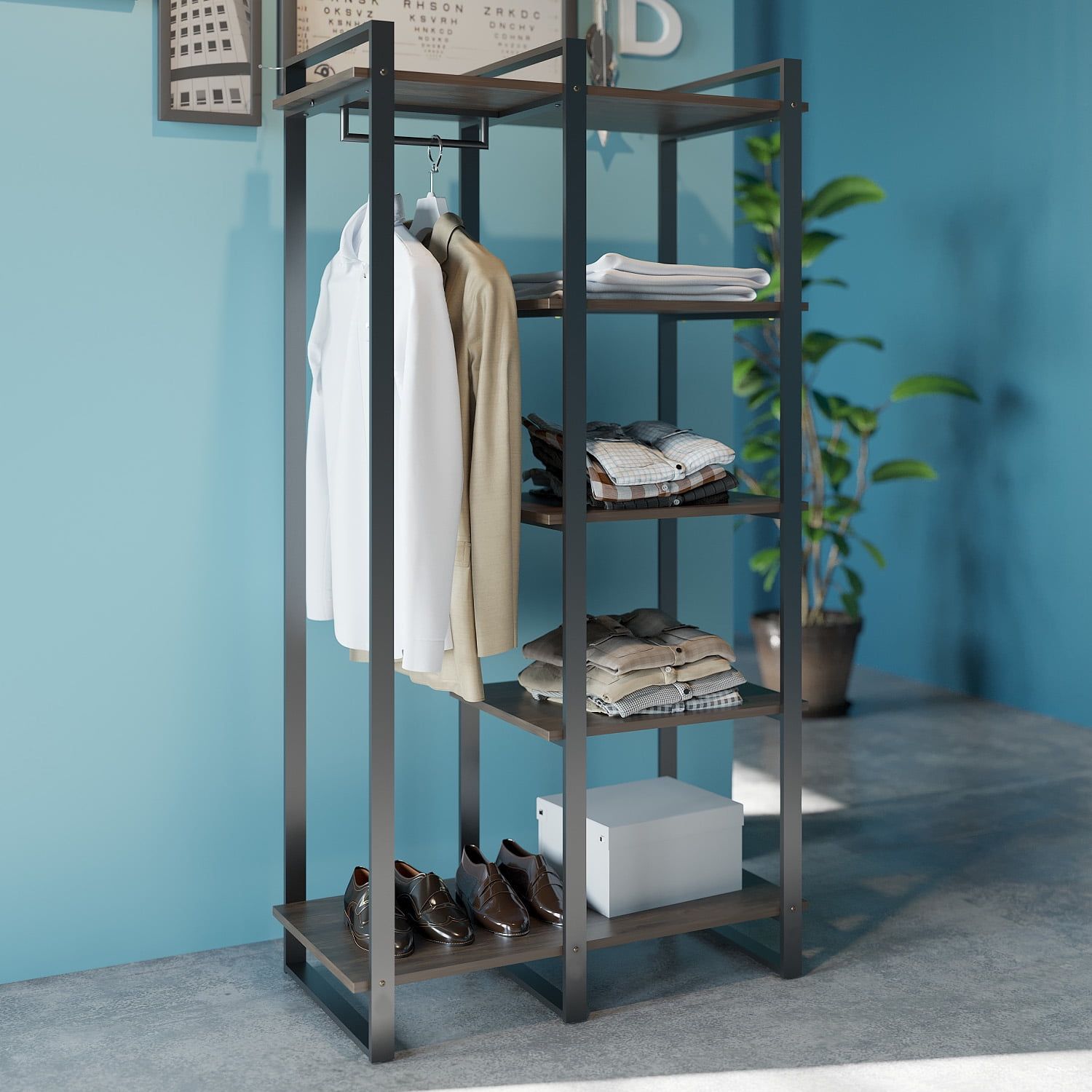 Brock 64" Brown Acacia Wood and Steel Etagere Bookcase