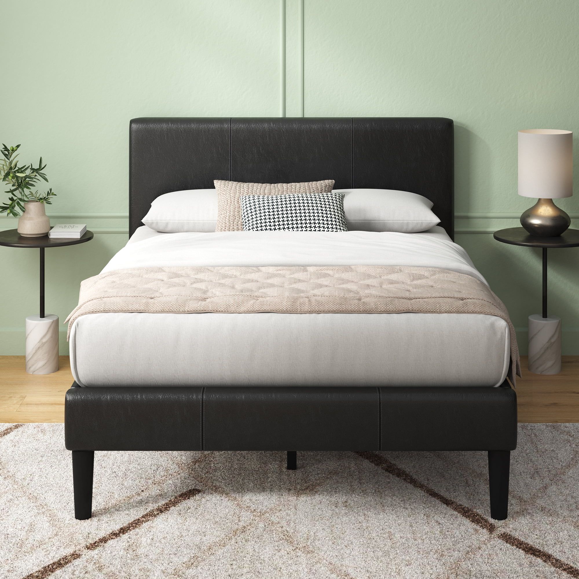 California King Espresso Faux Leather Platform Bed with Upholstered Headboard