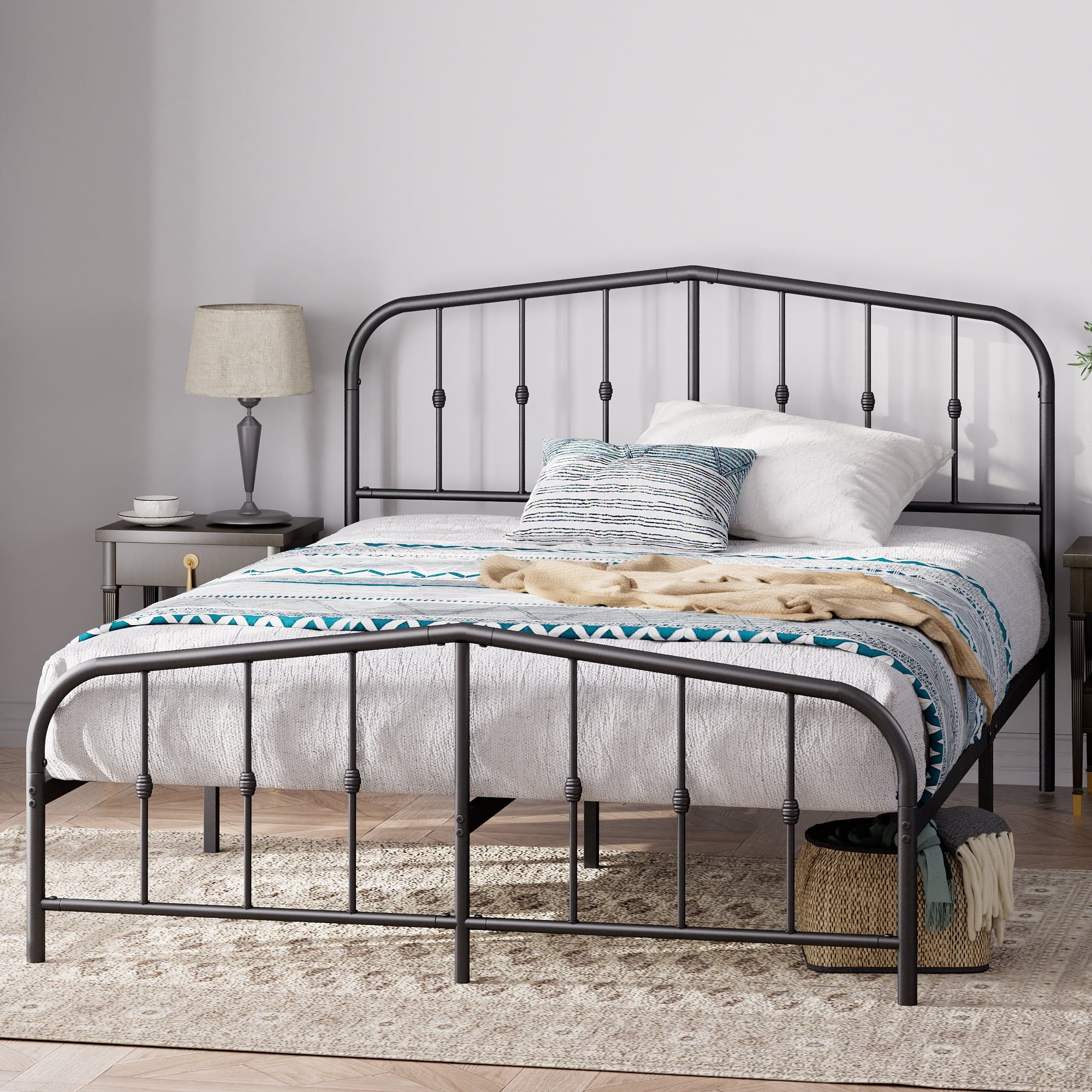 Heidi Twin-Size Black Metal Platform Bed with Ornate Spindle Headboard