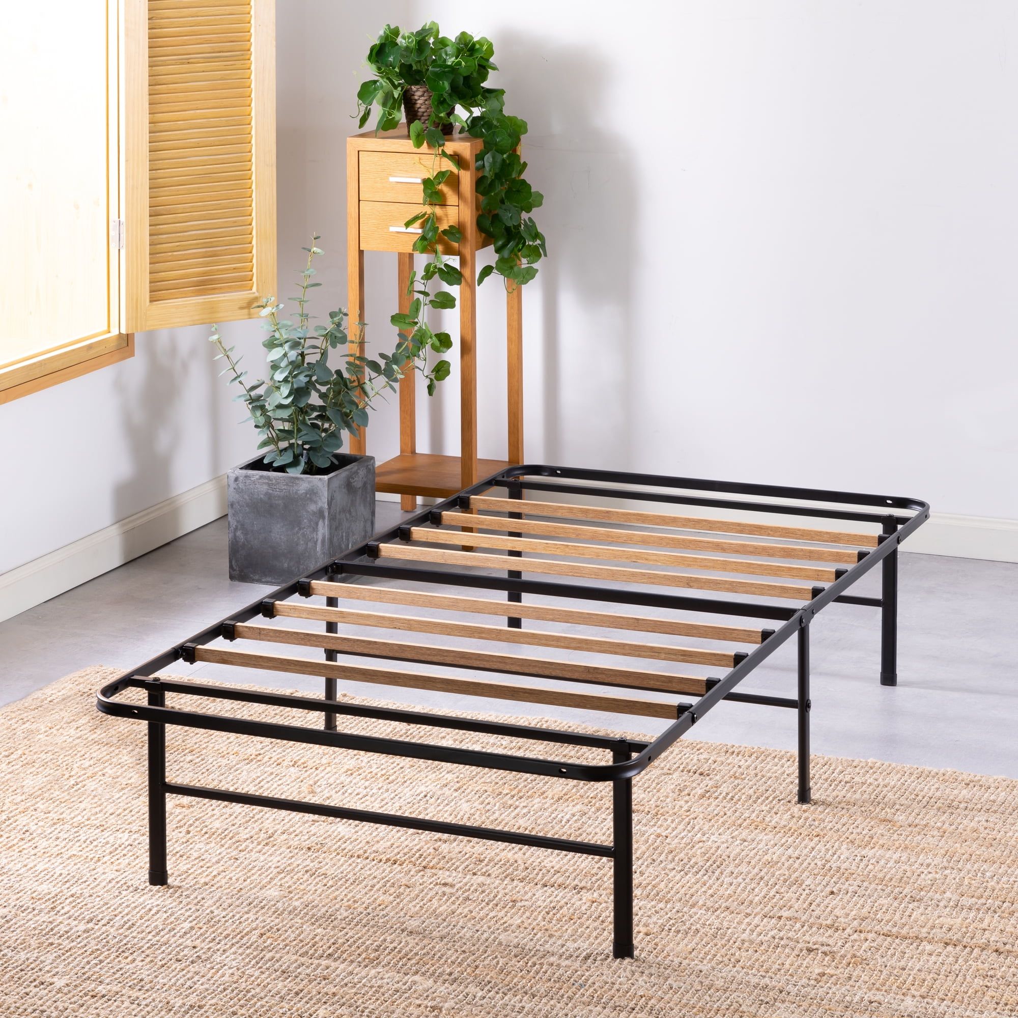 Twin XL Black Metal Platform Bed Frame with Bamboo Slats