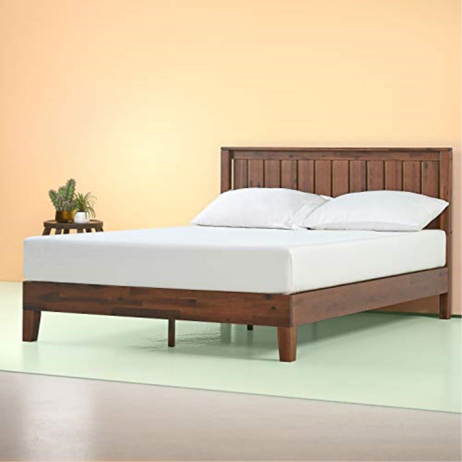 King Antique Espresso Pine Wood Platform Bed with Headboard