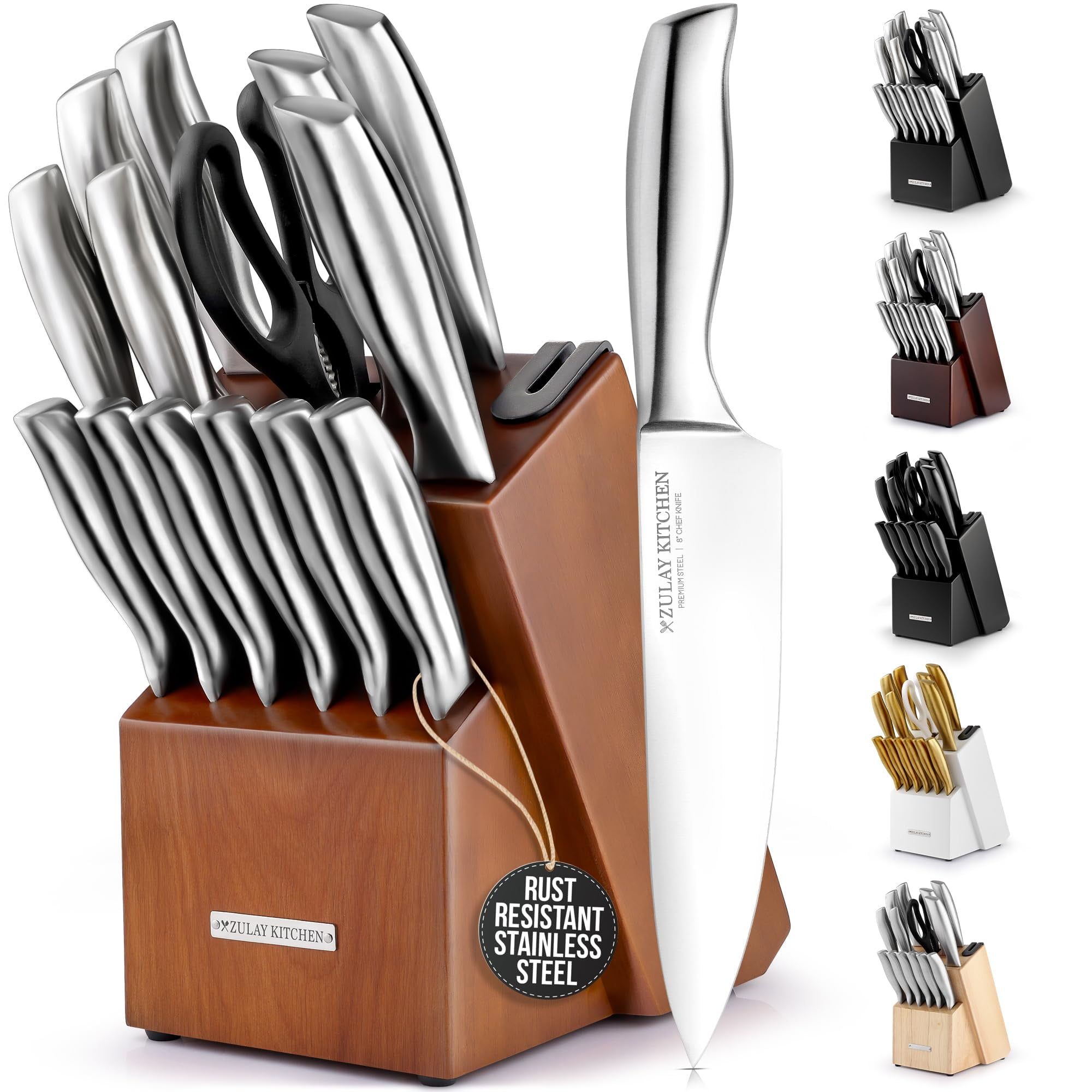 15-Piece Stainless Steel Knife Set with Light Walnut Block