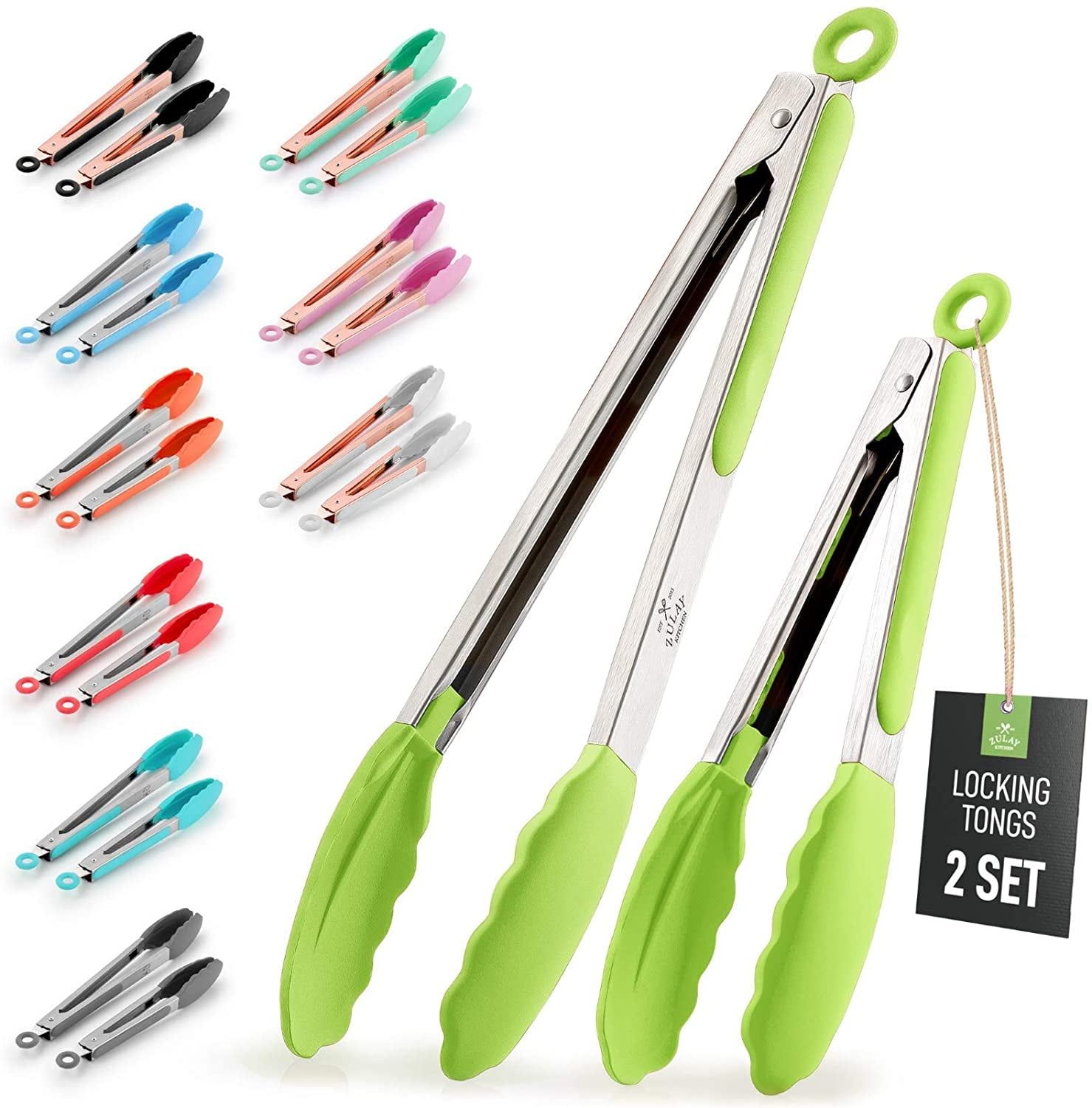 Light Green Stainless Steel Kitchen Tongs Set with Silicone Tips