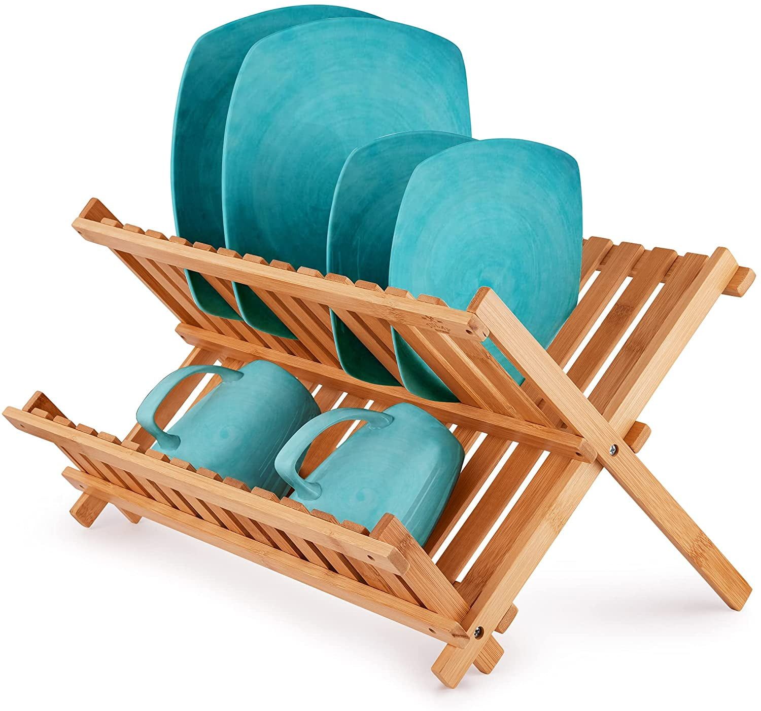 2-Tier Foldable Bamboo Dish Drying Rack