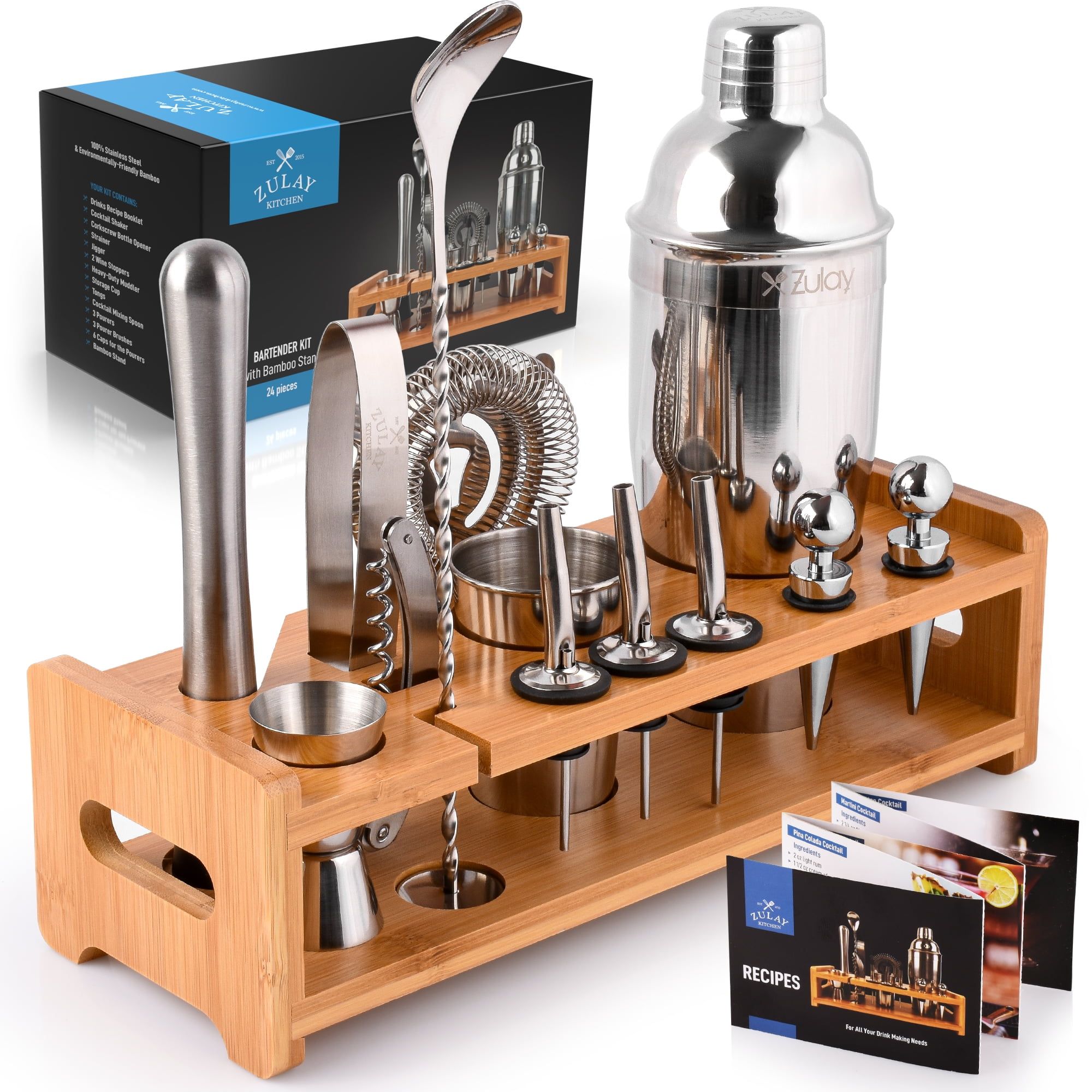 Zulay 24-Piece Stainless Steel Bartender Set with Bamboo Stand