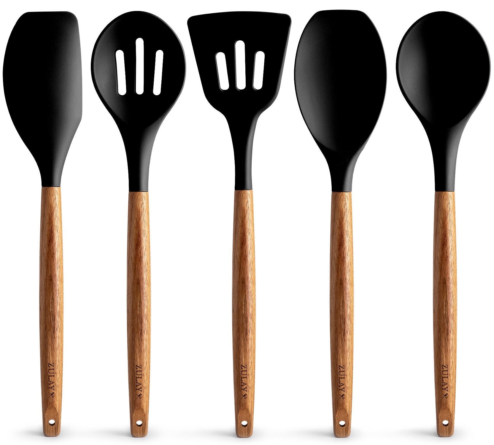 Black Silicone Cooking Utensils Set with Acacia Wood Handles, 5 Piece