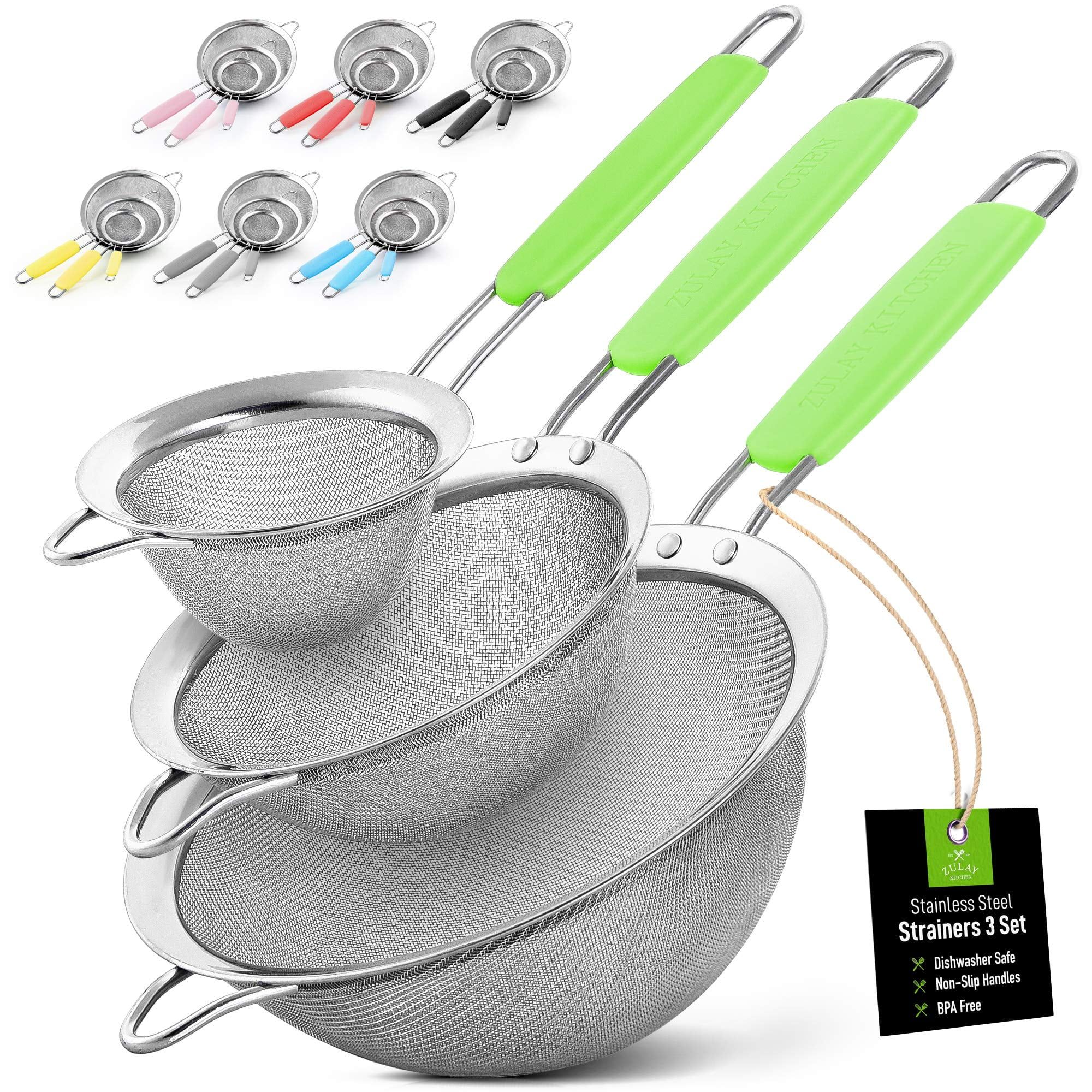 Green Stainless Steel Mesh Strainer Set with Non-Slip Handles