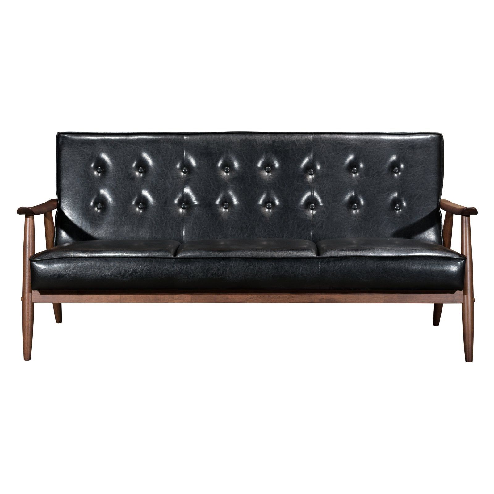 Sloped Arm Tufted Faux Leather Sofa in Black with Wood Accents