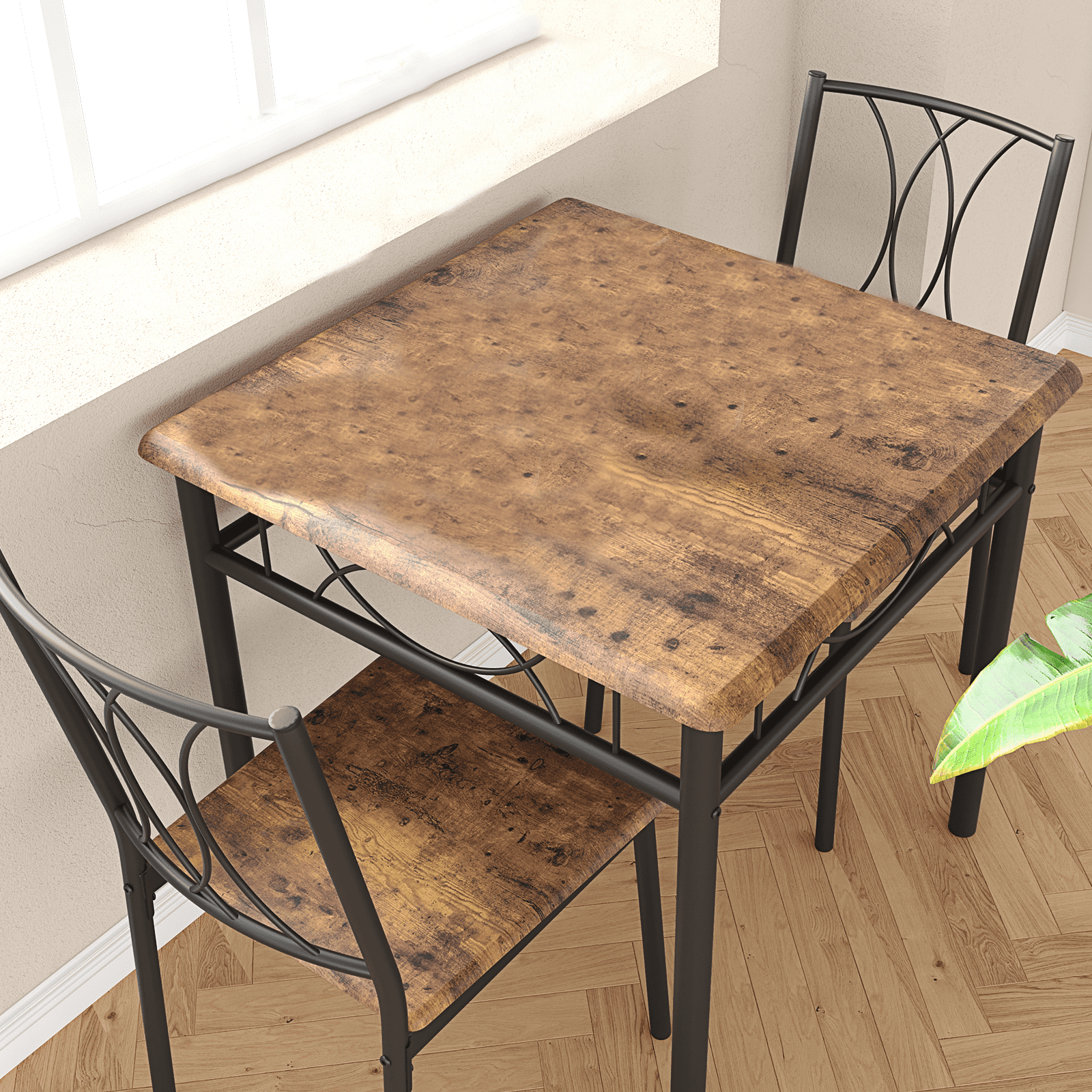 Rustic Brown Square MDF and Metal Dining Table Set with 2 Chairs