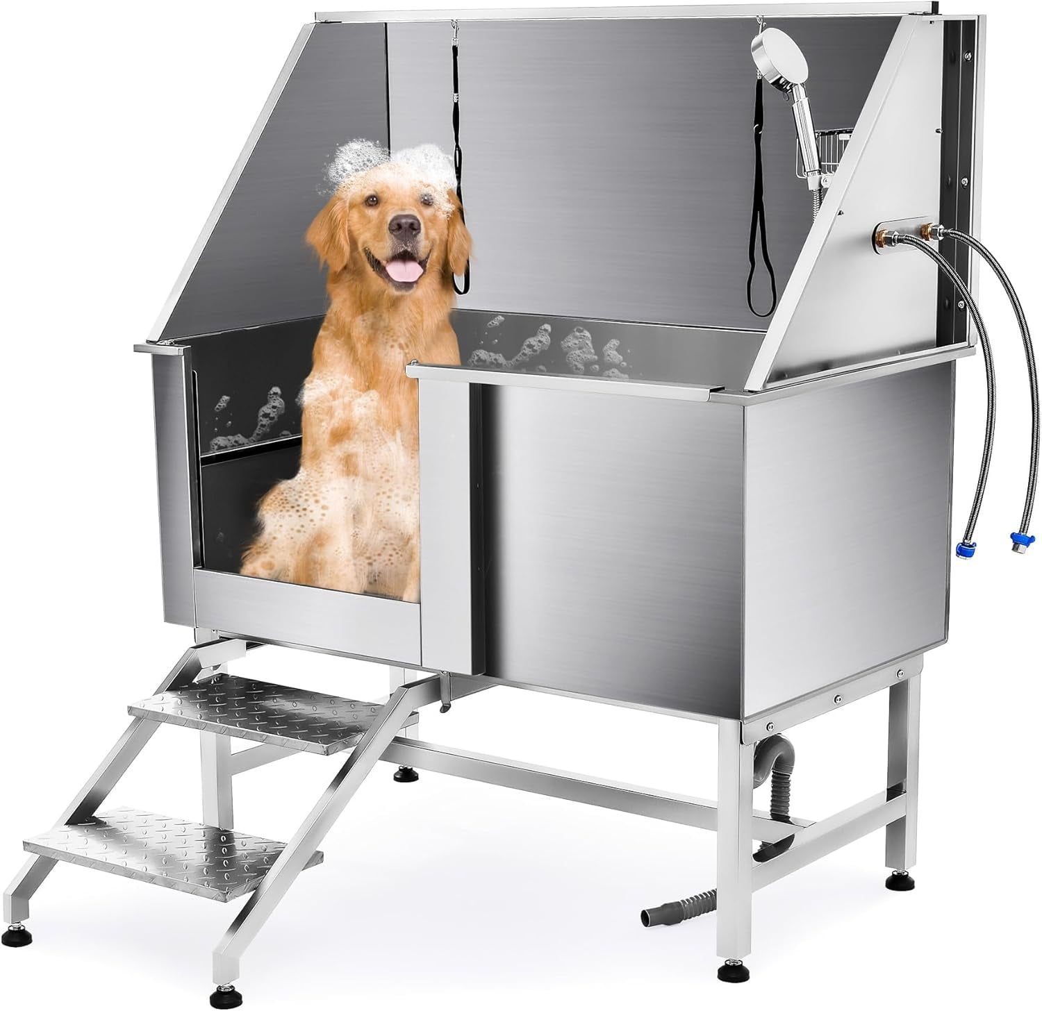 50" Stainless Steel Dog Washing Station with Steps and Left Drain