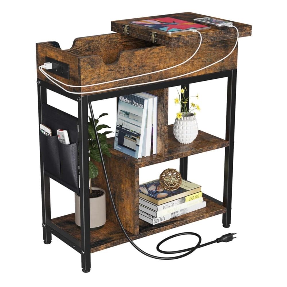 Rustic Brown Wood and Metal End Table with Charging Station and Storage