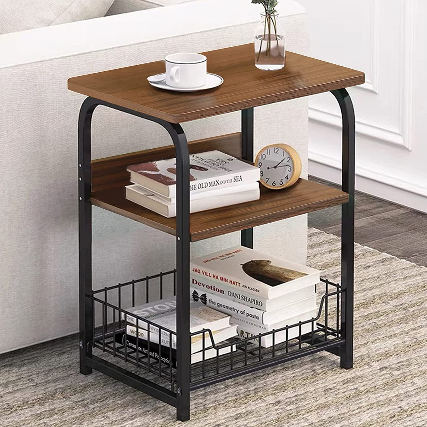 Brown 3-Tier Wood and Metal End Table with Storage Shelves