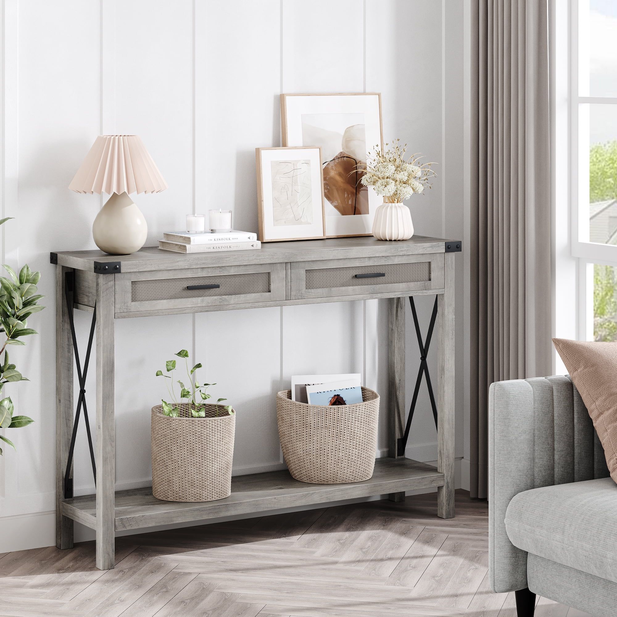 Gray Wood and Metal Console Table with Rattan Drawers