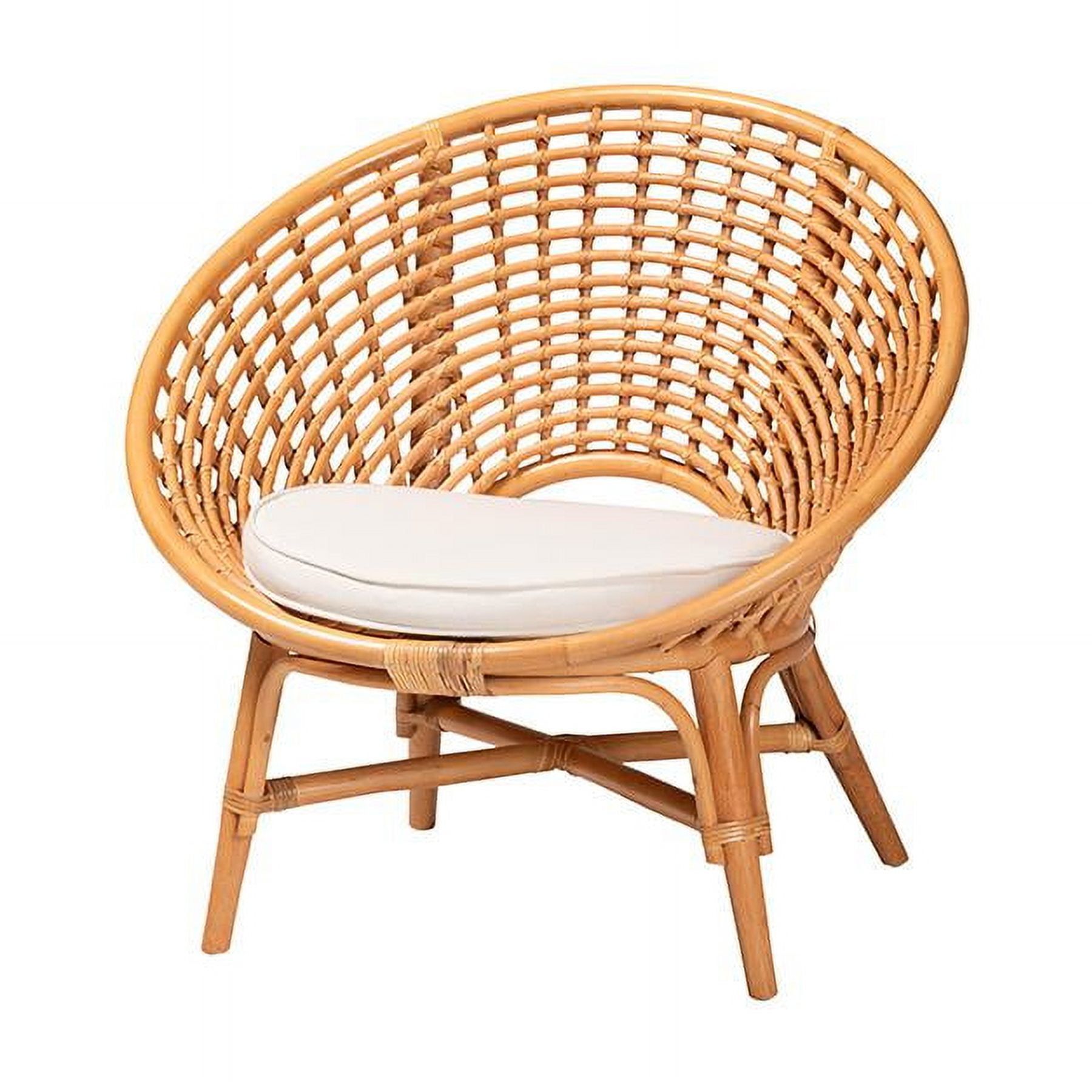 Handcrafted Natural Rattan Bohemian Accent Chair with White Cushion