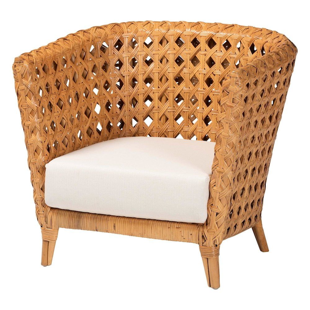 Handcrafted Natural Rattan Bohemian Accent Chair with White Cushion