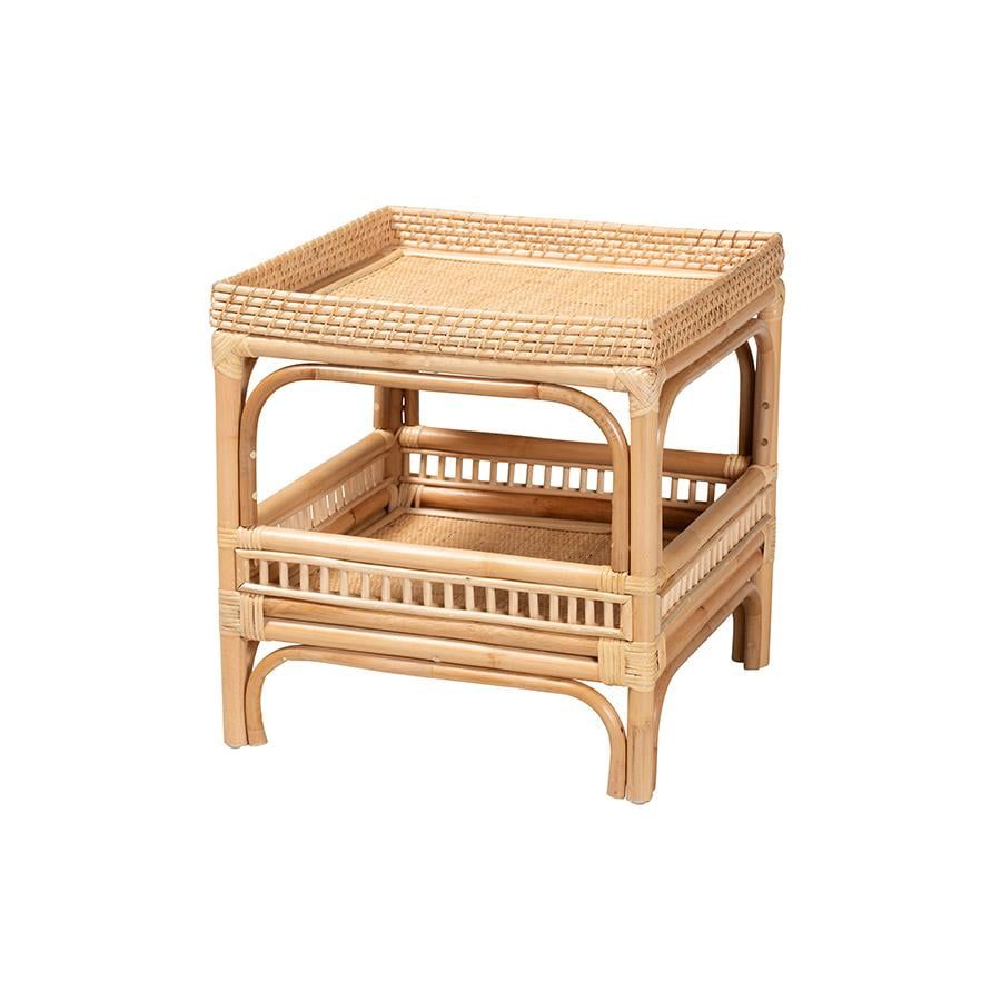 Natural Rattan Bohemian Square End Table with Shelf