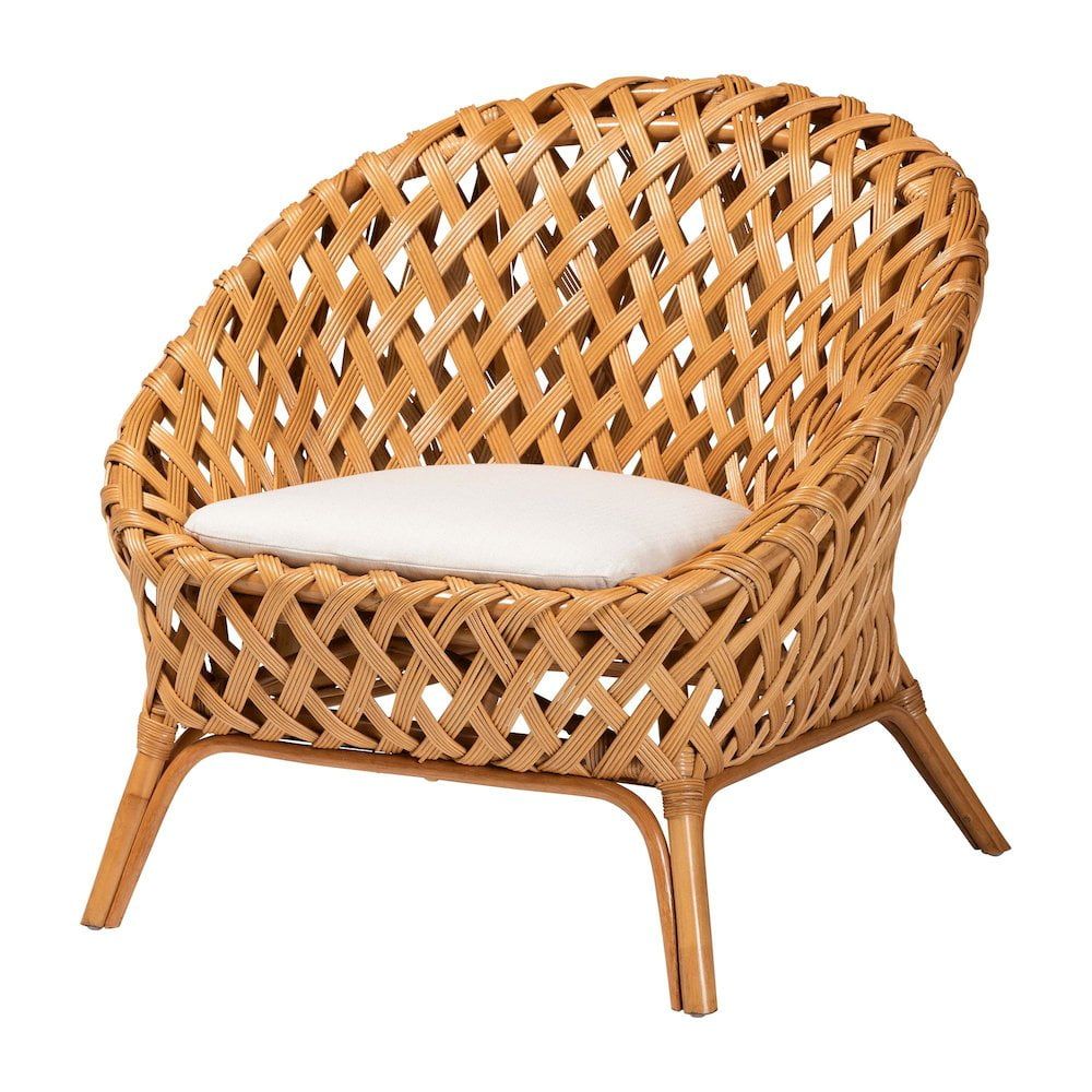 Handcrafted Natural Rattan Bohemian Accent Chair with White Cushion