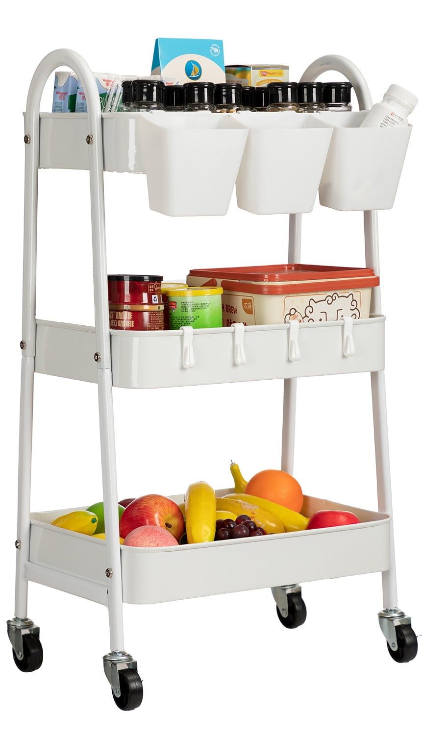 White Metal 3-Tier Rolling Utility Cart with Lockable Wheels