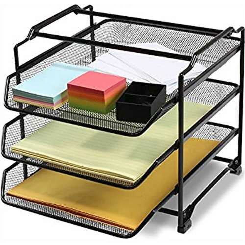 Black Steel Mesh 3-Tier Stackable Desk Organizer