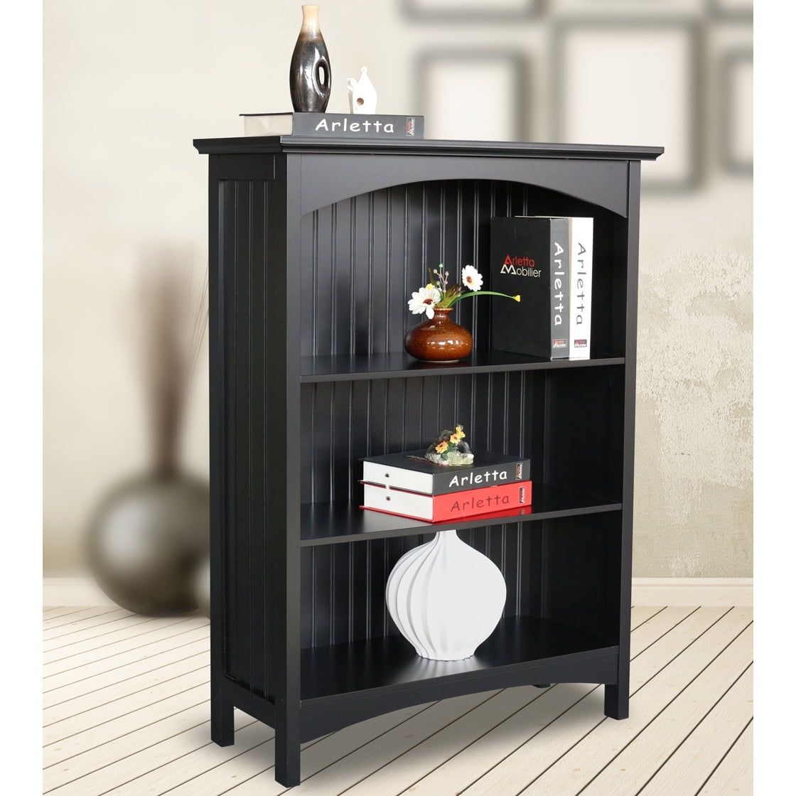 Black 40-Inch MDF 3-Tier Standard Bookcase with Arched Supports