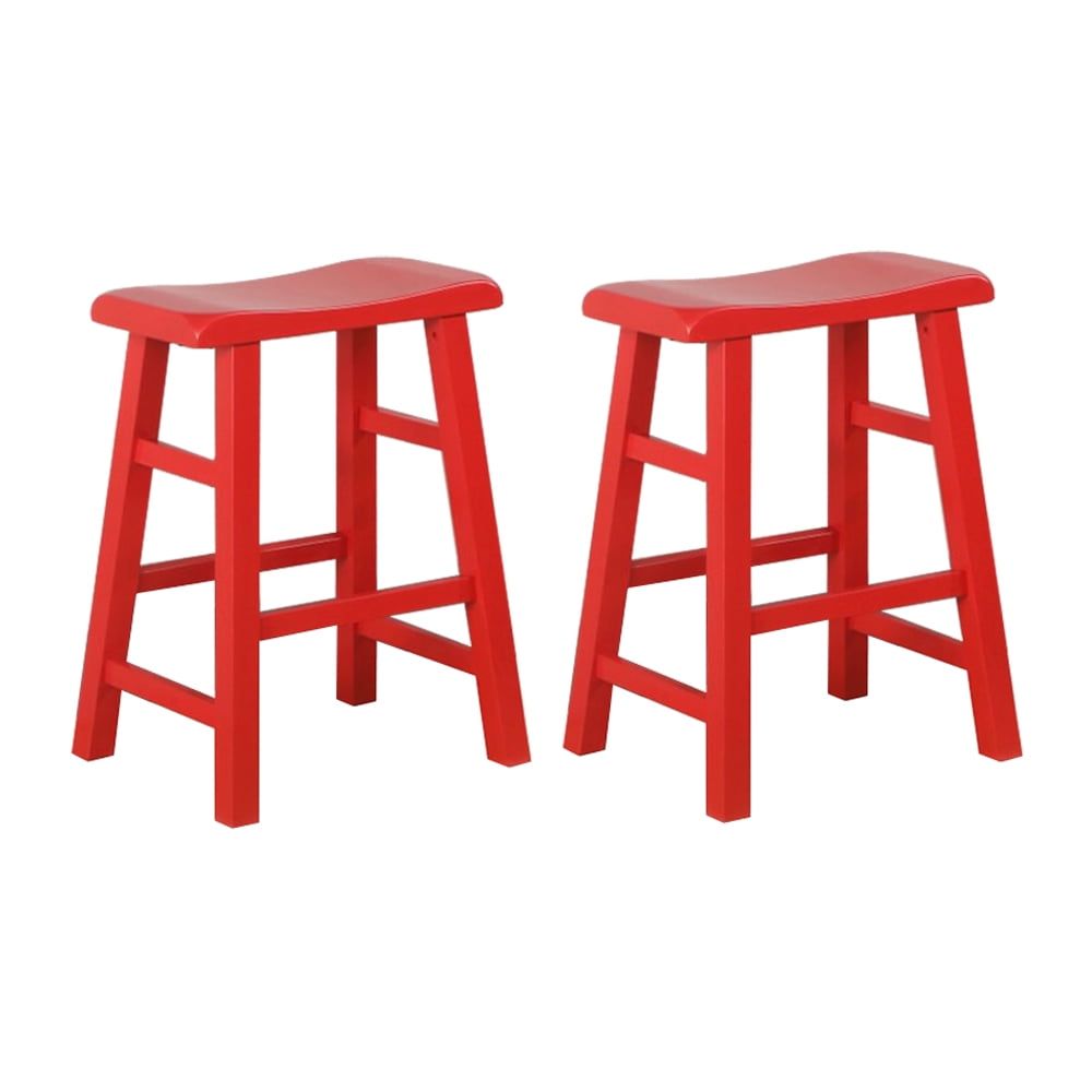 Red 24-Inch Solid Wood Backless Saddle Bar Stools, Set of 2