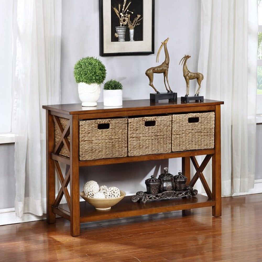 Rustic Coffee Rubberwood Console Table with Wicker Storage Baskets