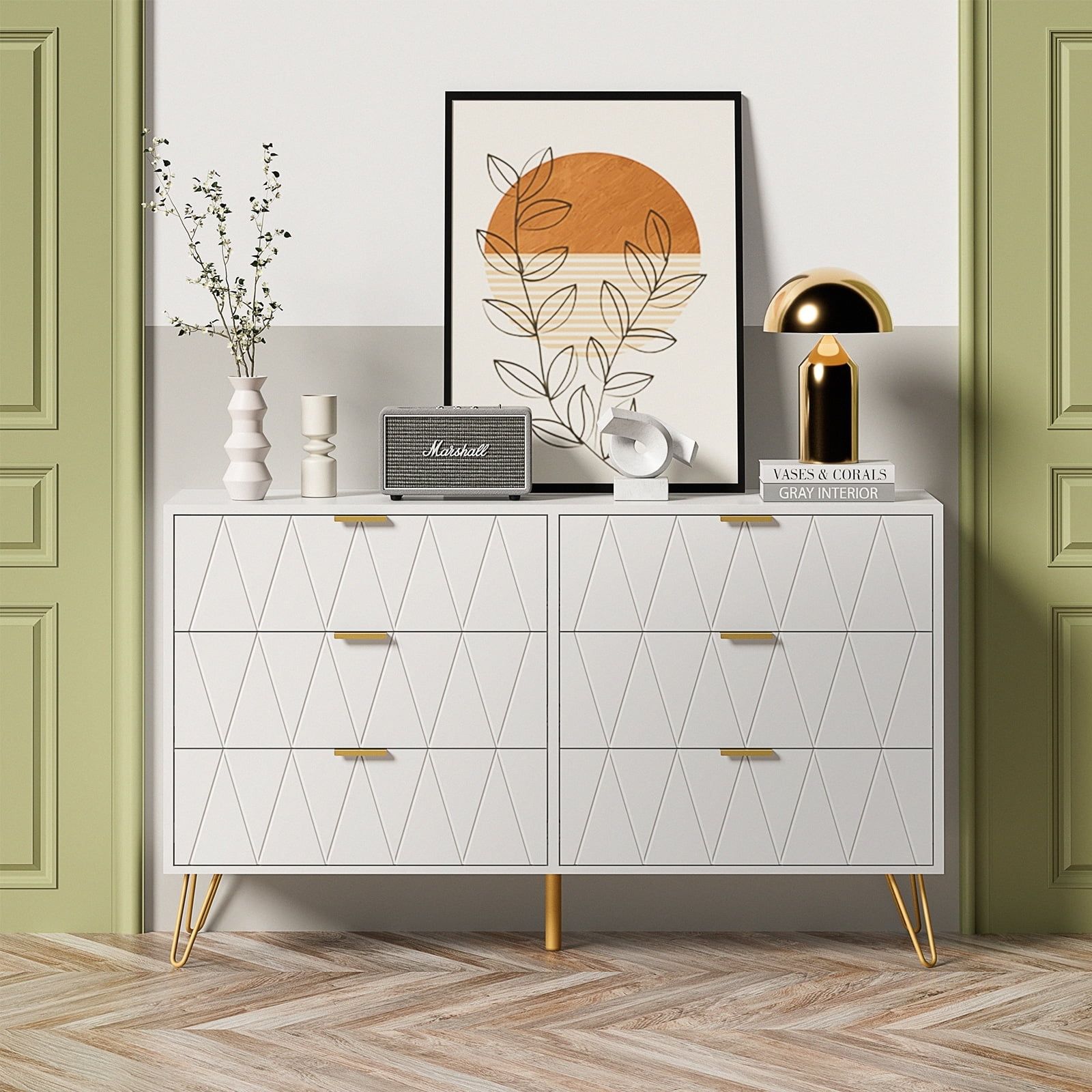 Large White MDF 6-Drawer Dresser with Gold Metal Handles