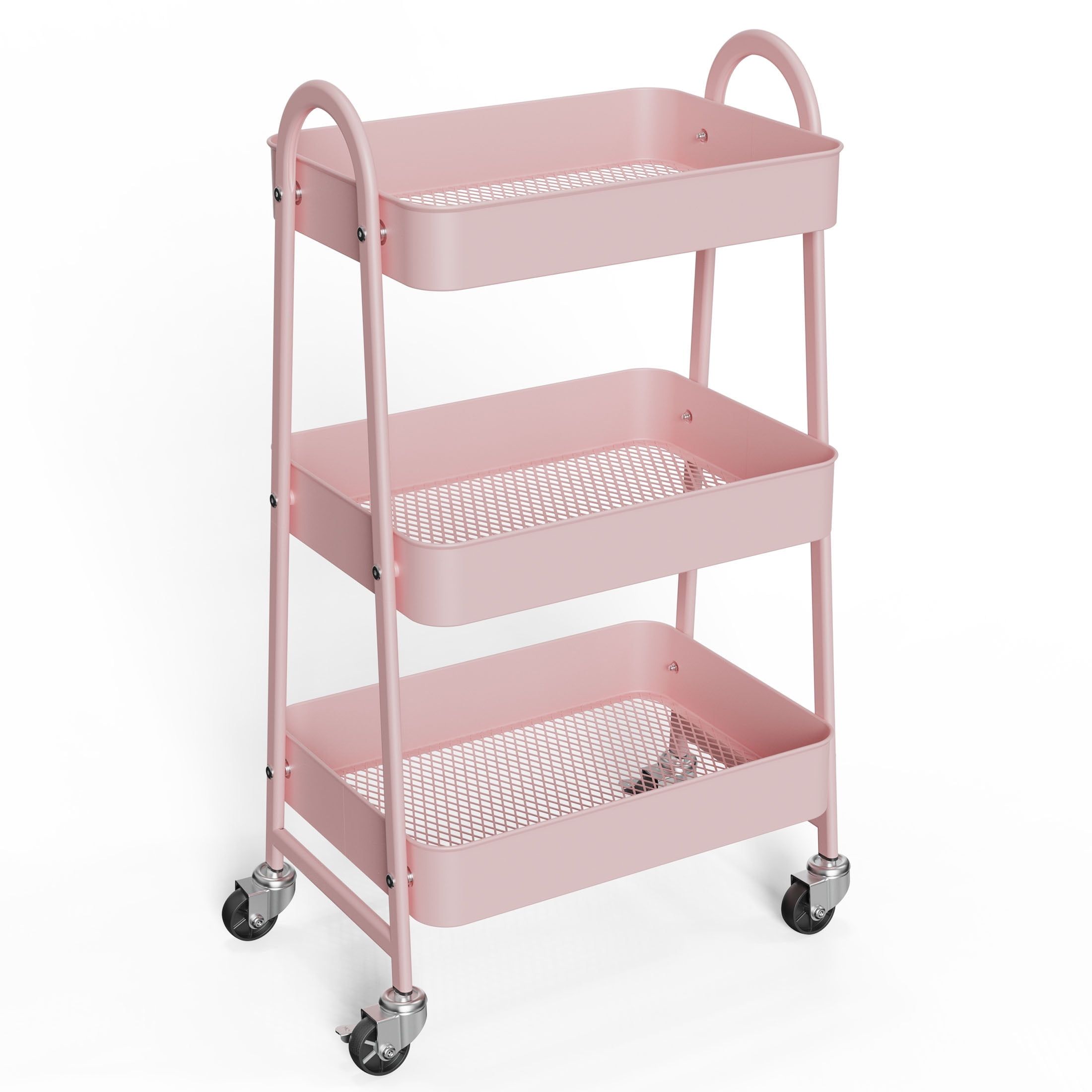 Pink 3-Tier Metal Rolling Utility Cart with Lockable Wheels