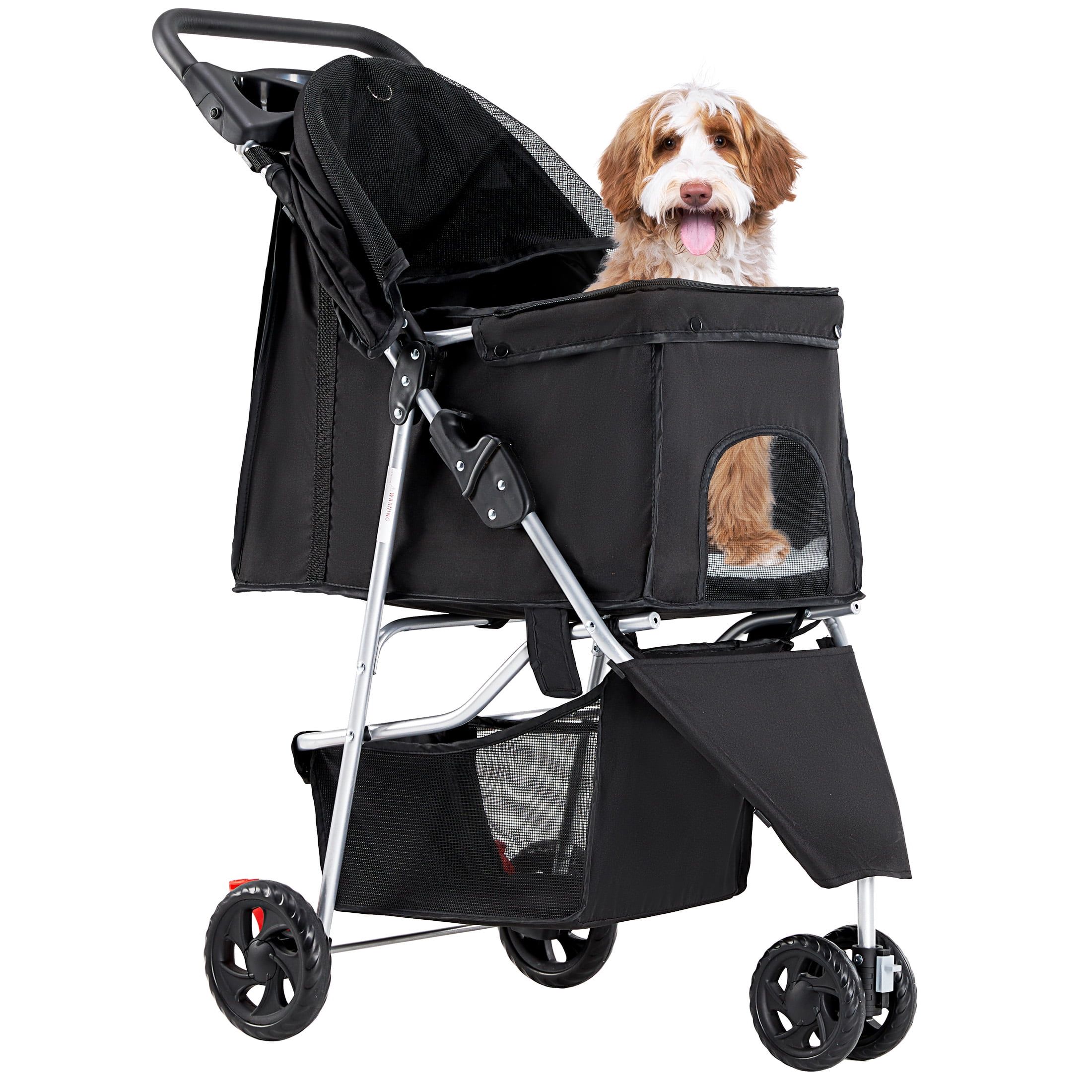 Black Foldable Pet Stroller with Mesh Windows and Storage