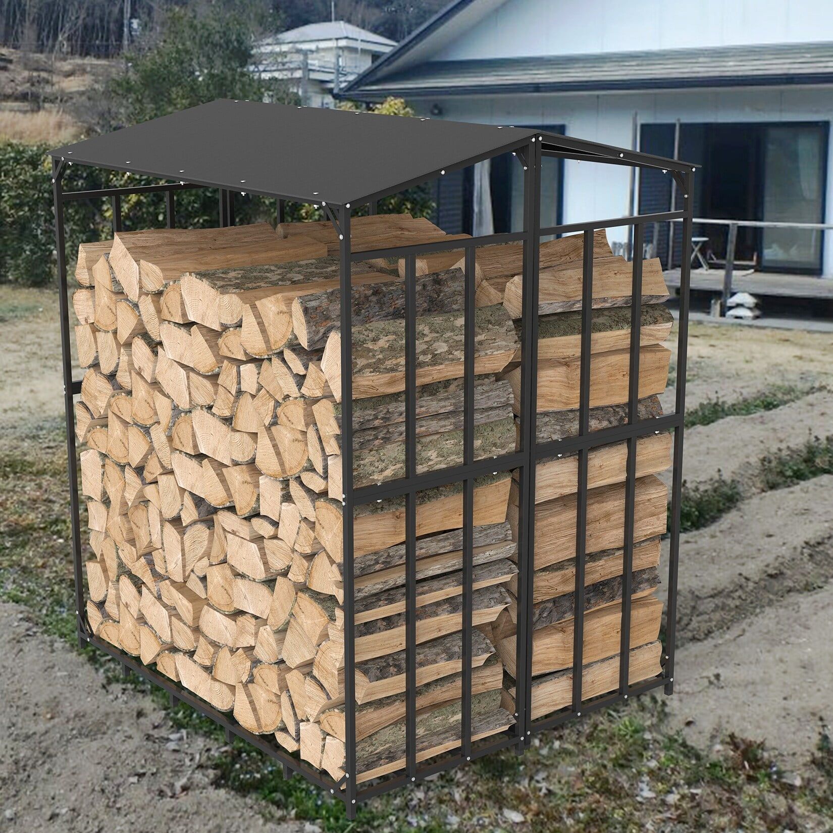 Tall Black Metal Firewood Storage Rack with Cover