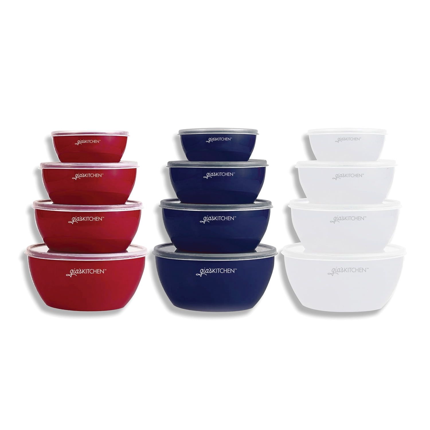 8-Piece Red, Blue, and White Plastic Nesting Prep Bowls with Lids