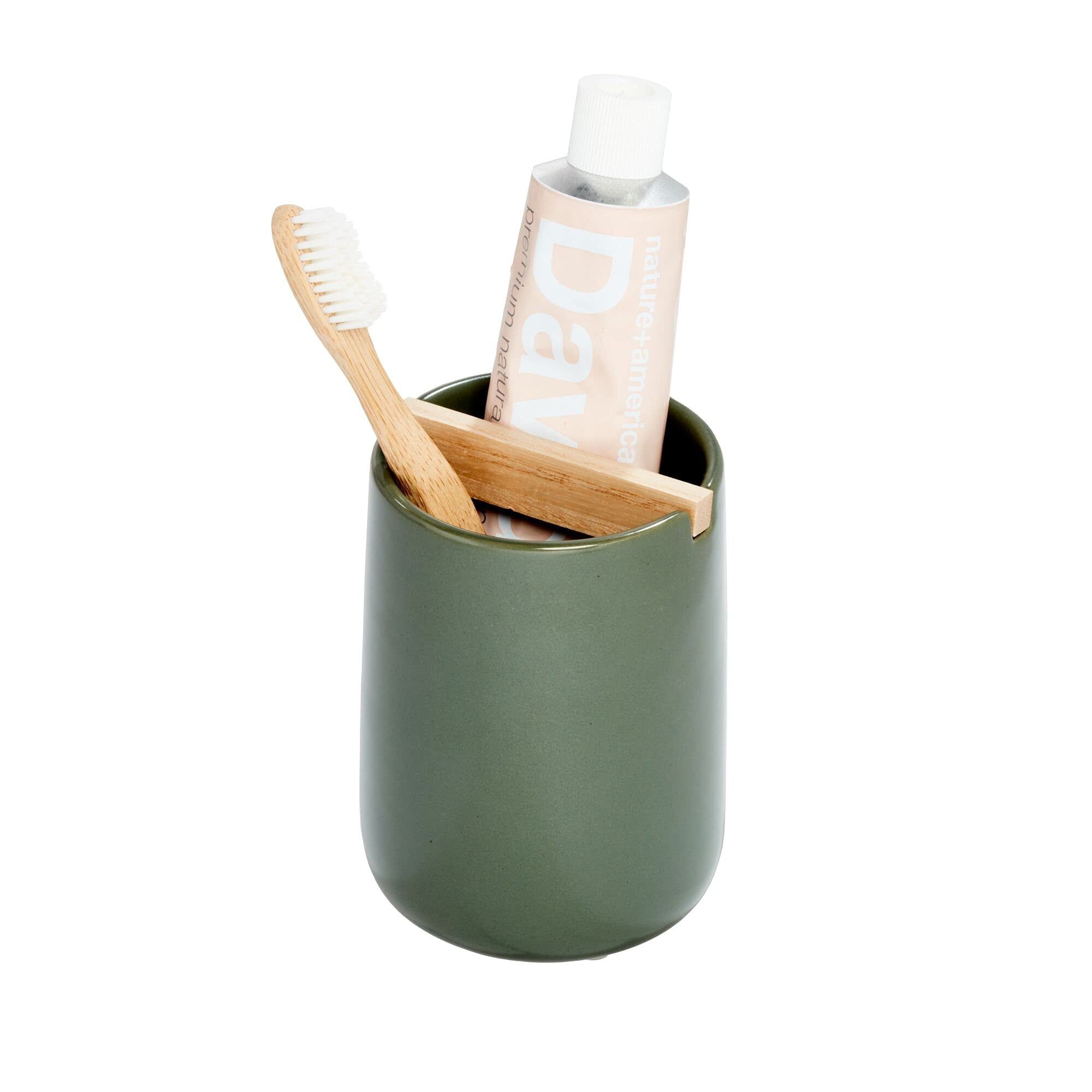 Moss Green Ceramic Toothbrush Holder with Wood Divider