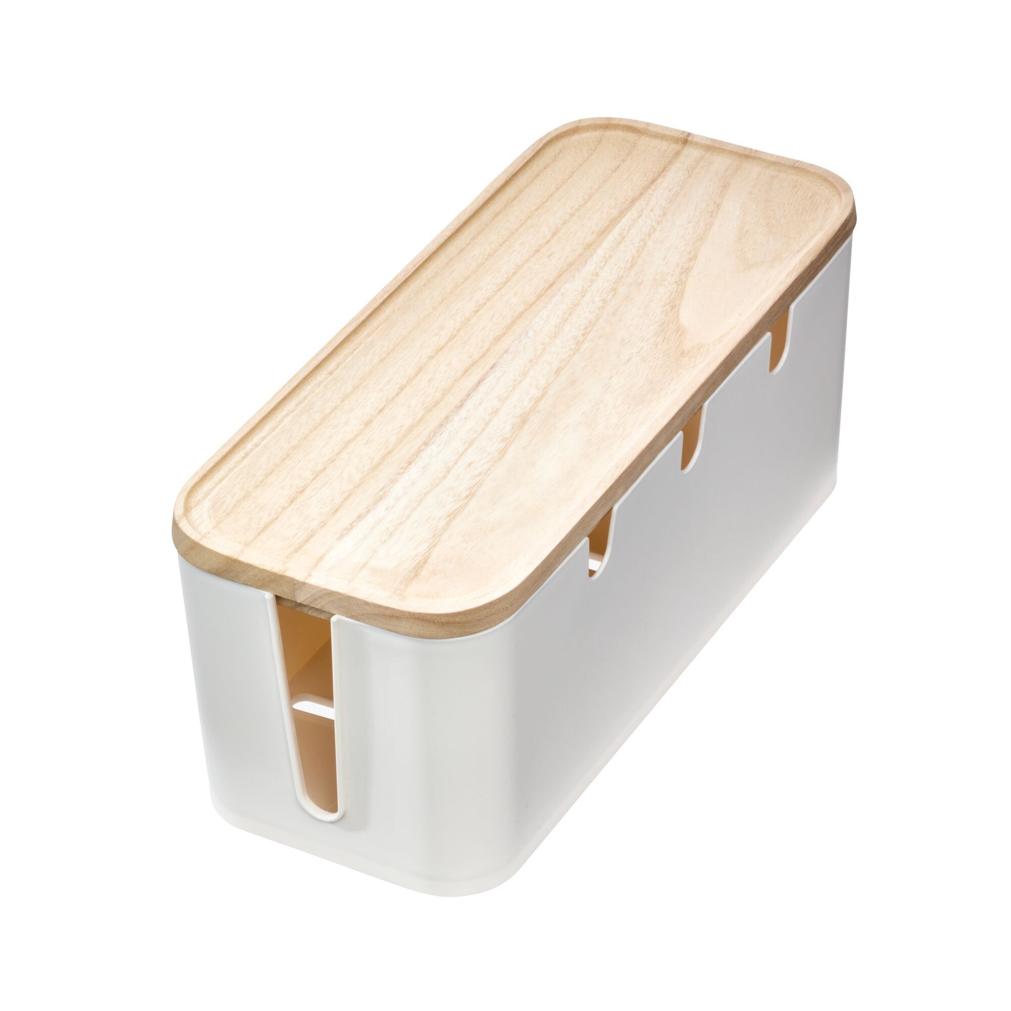 White Plastic Cable Organizer Box with Natural Wood Lid