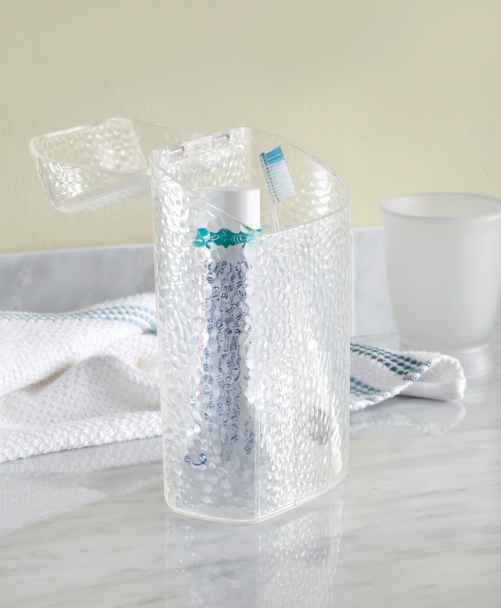 Clear Plastic Toothbrush and Toothpaste Holder with Hinged Lid