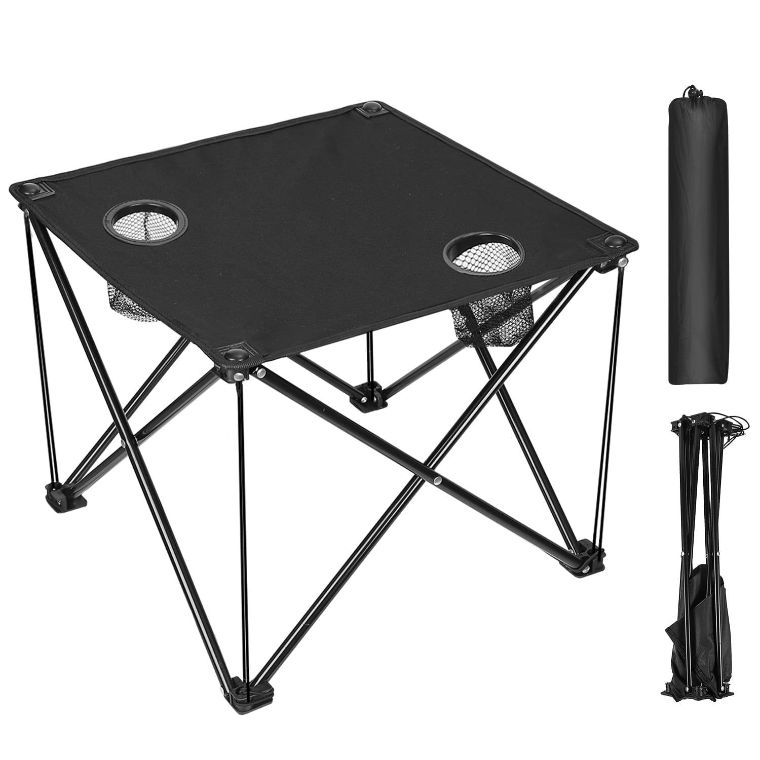 Black Foldable Outdoor Camping Table with Cup Holders and Carry Bag